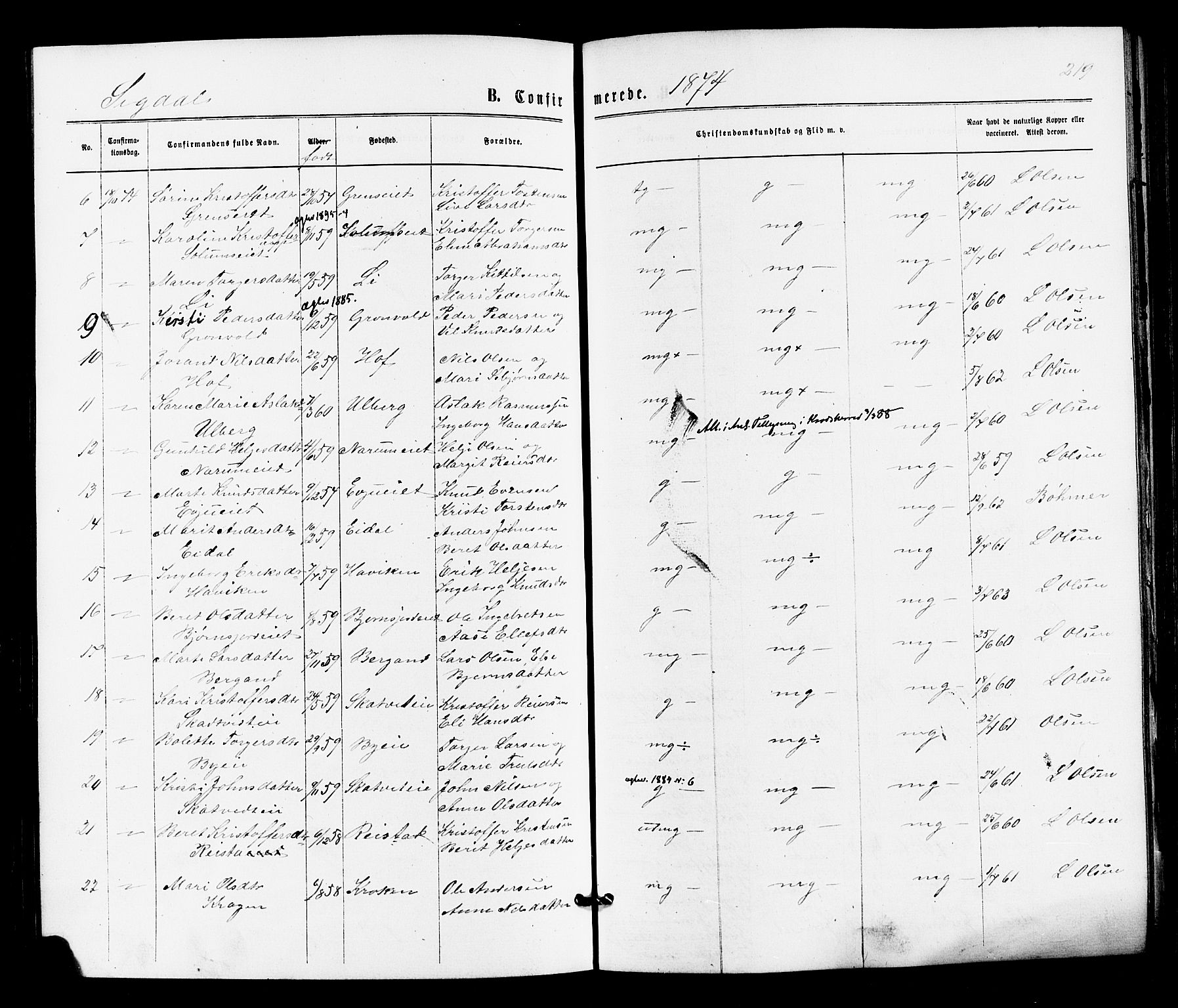 Sigdal kirkebøker, SAKO/A-245/F/Fa/L0010: Ministerialbok nr. I 10 /1, 1872-1878, s. 219