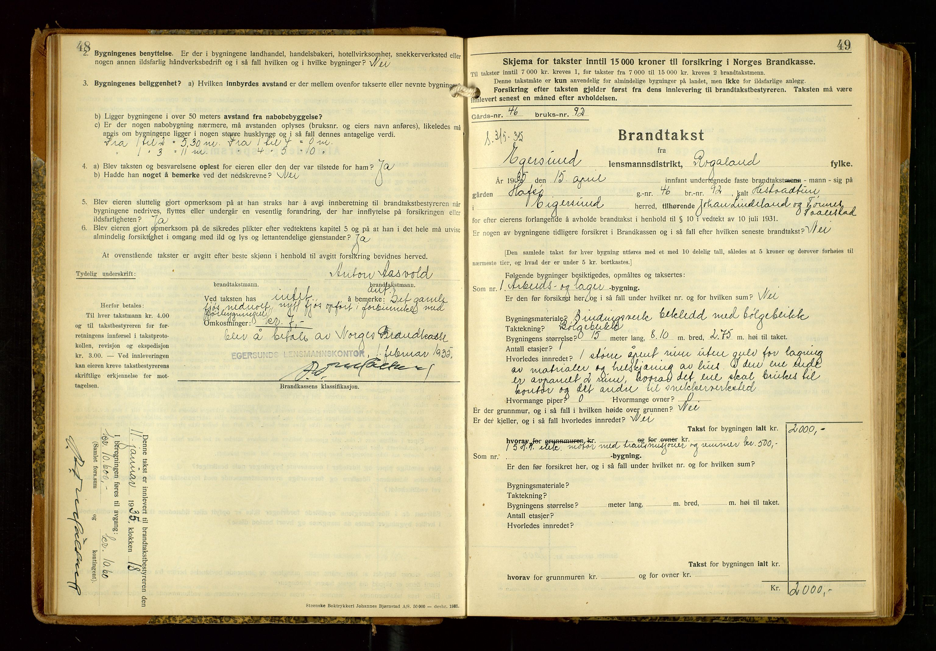 Eigersund lensmannskontor, AV/SAST-A-100171/Gob/L0006: "Brandtakstprotokoll", 1934-1938, s. 48-49