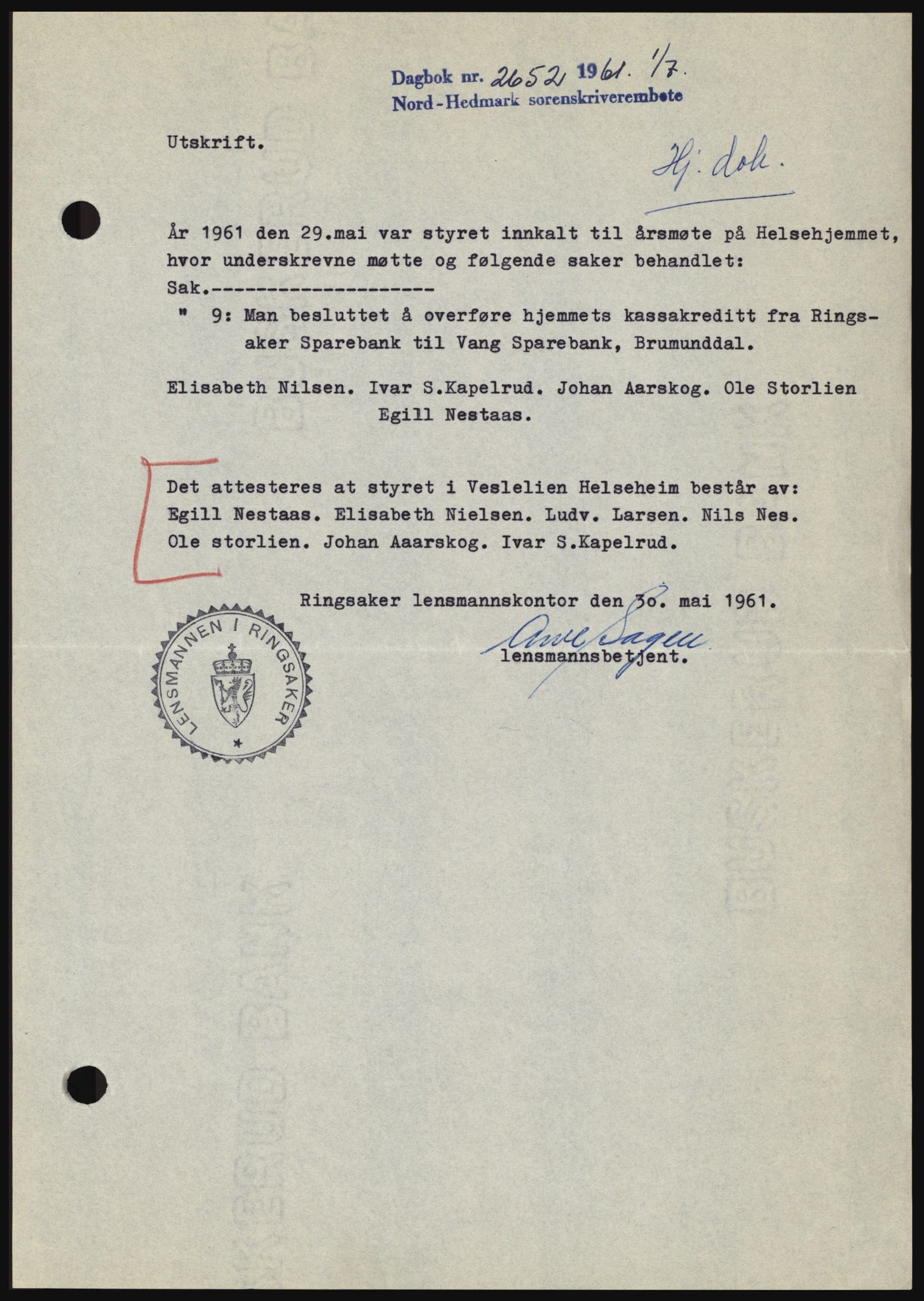 Nord-Hedmark sorenskriveri, SAH/TING-012/H/Hc/L0015: Pantebok nr. 15, 1961-1961, Dagboknr: 2652/1961