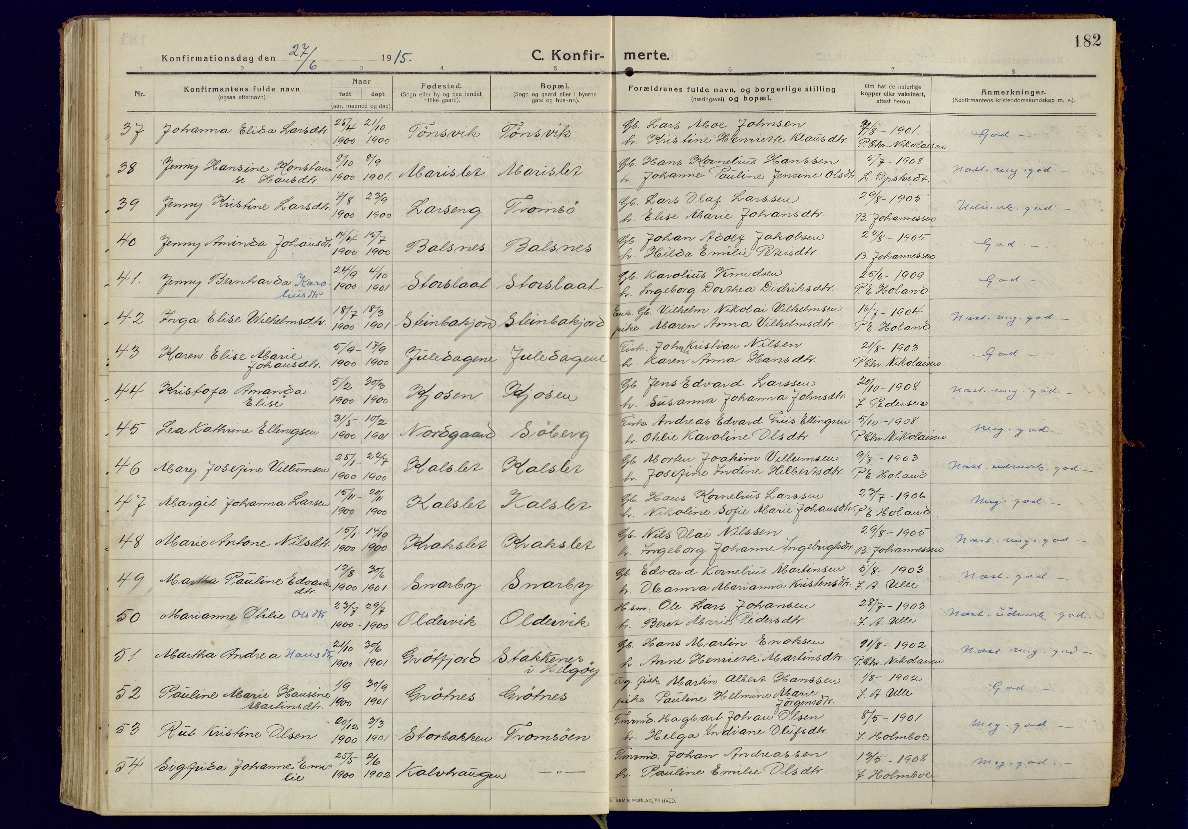 Tromsøysund sokneprestkontor, AV/SATØ-S-1304/G/Ga/L0008kirke: Ministerialbok nr. 8, 1914-1922, s. 182