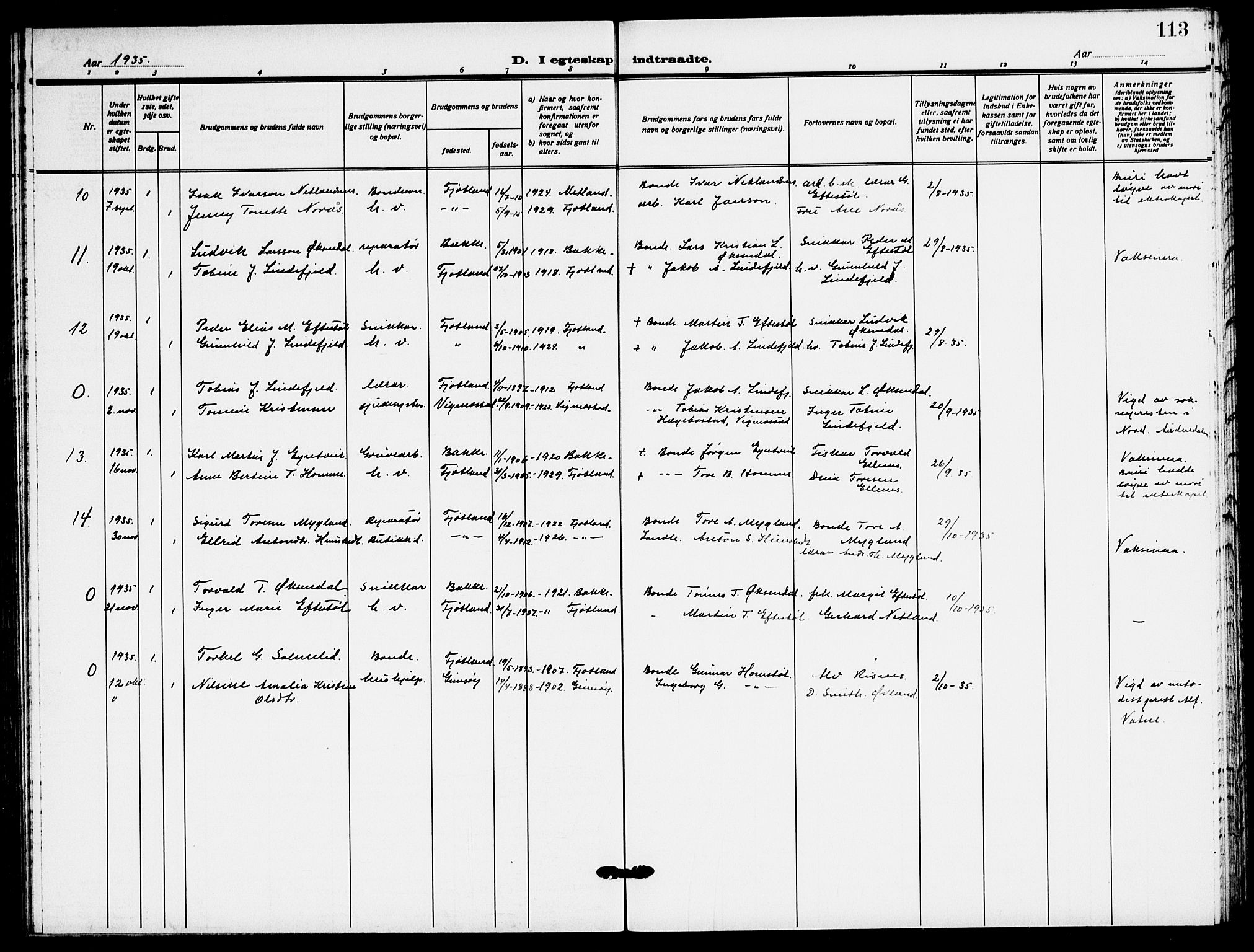 Fjotland sokneprestkontor, SAK/1111-0010/F/Fb/L0004: Klokkerbok nr. B 4, 1925-1941, s. 113