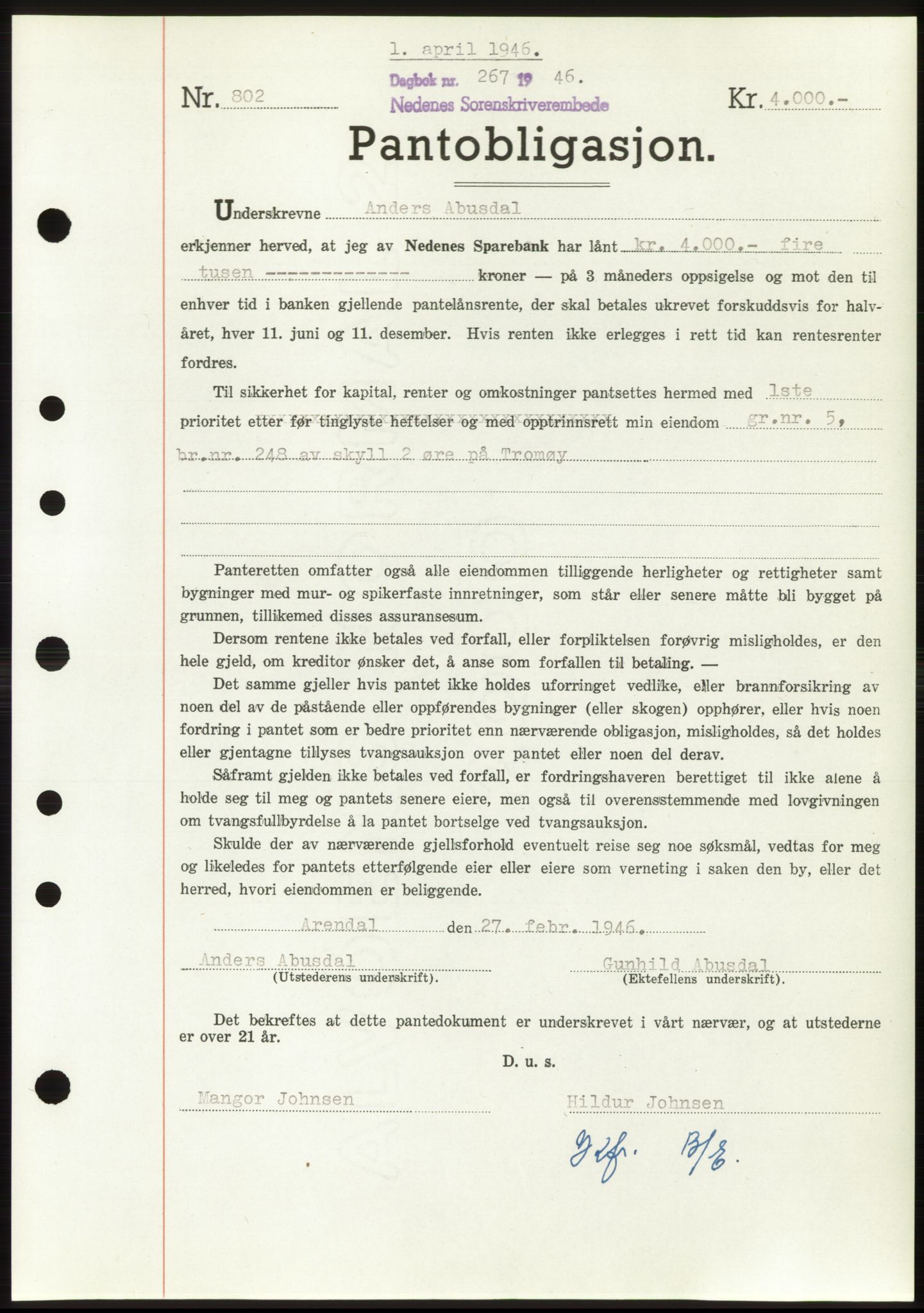 Nedenes sorenskriveri, SAK/1221-0006/G/Gb/Gbb/L0003: Pantebok nr. B3b, 1946-1946, Dagboknr: 267/1946