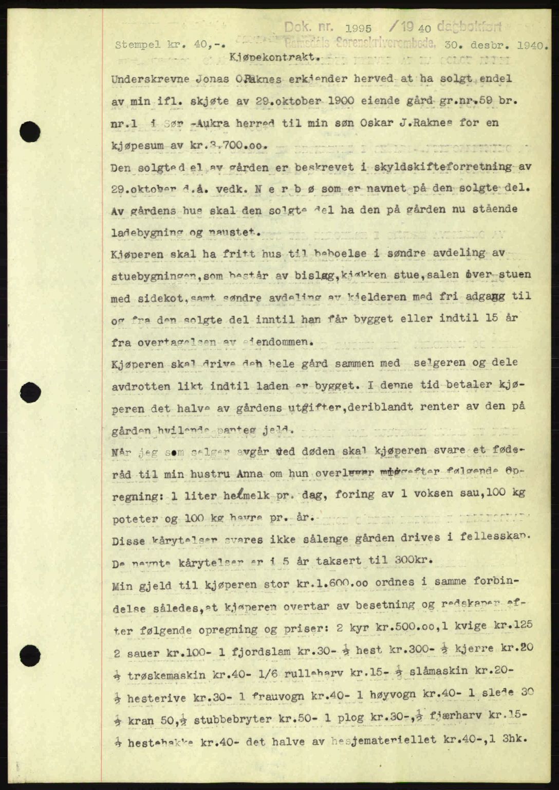 Romsdal sorenskriveri, SAT/A-4149/1/2/2C: Pantebok nr. A9, 1940-1941, Dagboknr: 1995/1940