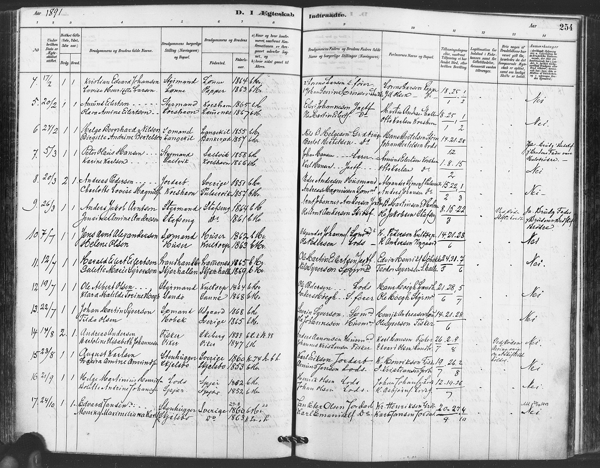 Hvaler prestekontor Kirkebøker, AV/SAO-A-2001/F/Fa/L0008: Ministerialbok nr. I 8, 1878-1895, s. 254
