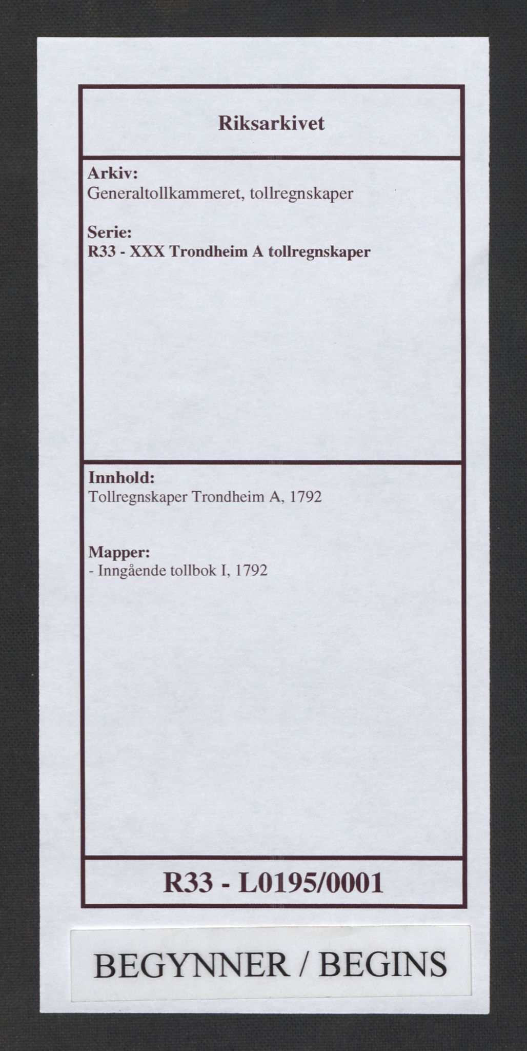 Generaltollkammeret, tollregnskaper, RA/EA-5490/R33/L0195/0001: Tollregnskaper Trondheim A / Inngående tollbok I, 1790-1792