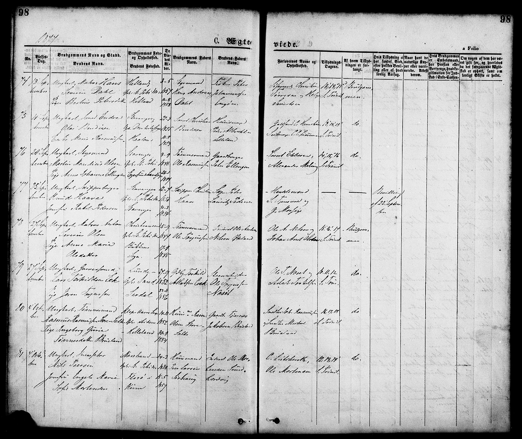 St. Petri sokneprestkontor, AV/SAST-A-101813/001/30/30BA/L0010: Ministerialbok nr. A 10, 1869-1878, s. 98