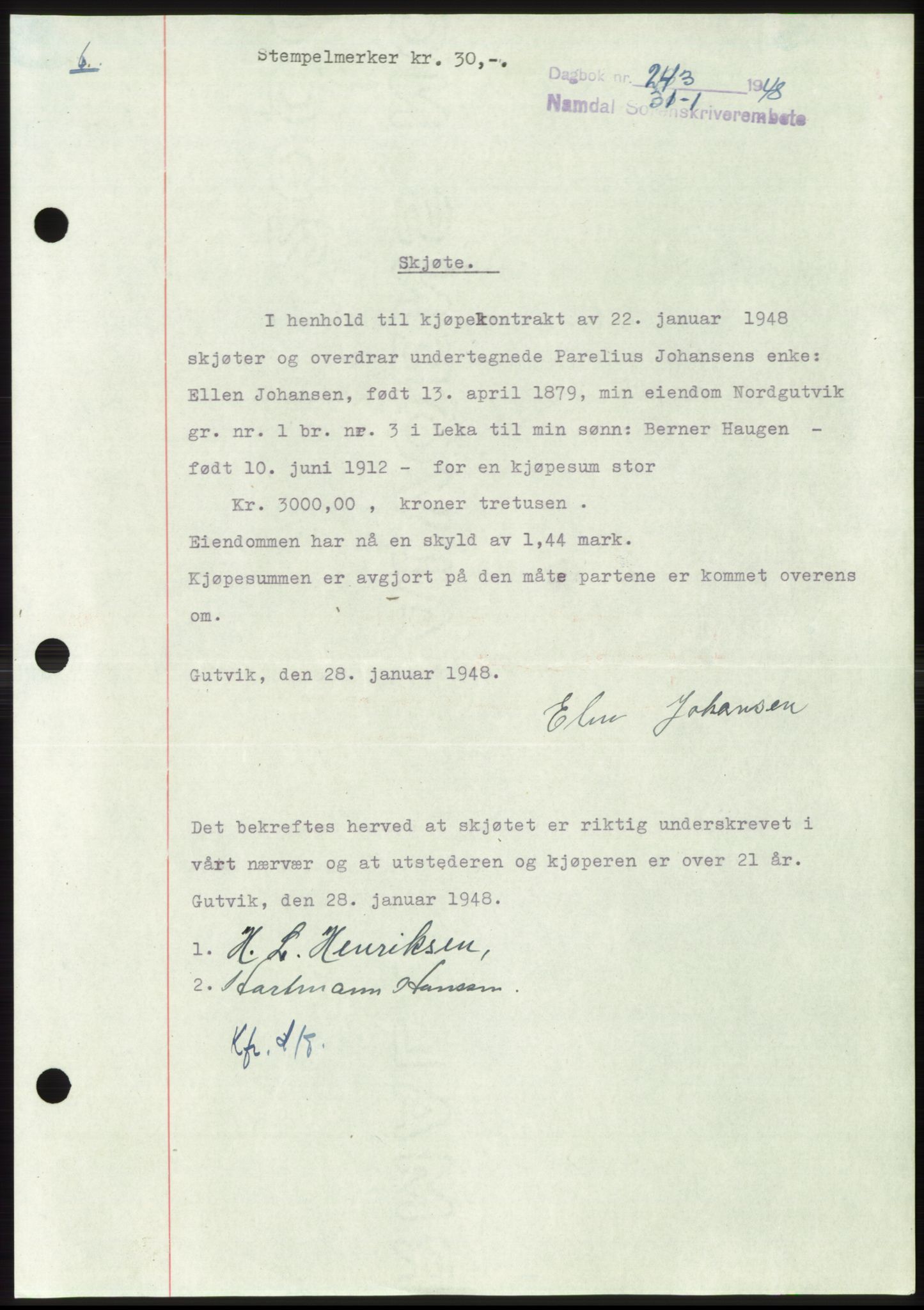 Namdal sorenskriveri, SAT/A-4133/1/2/2C: Pantebok nr. -, 1947-1948, Dagboknr: 243/1948