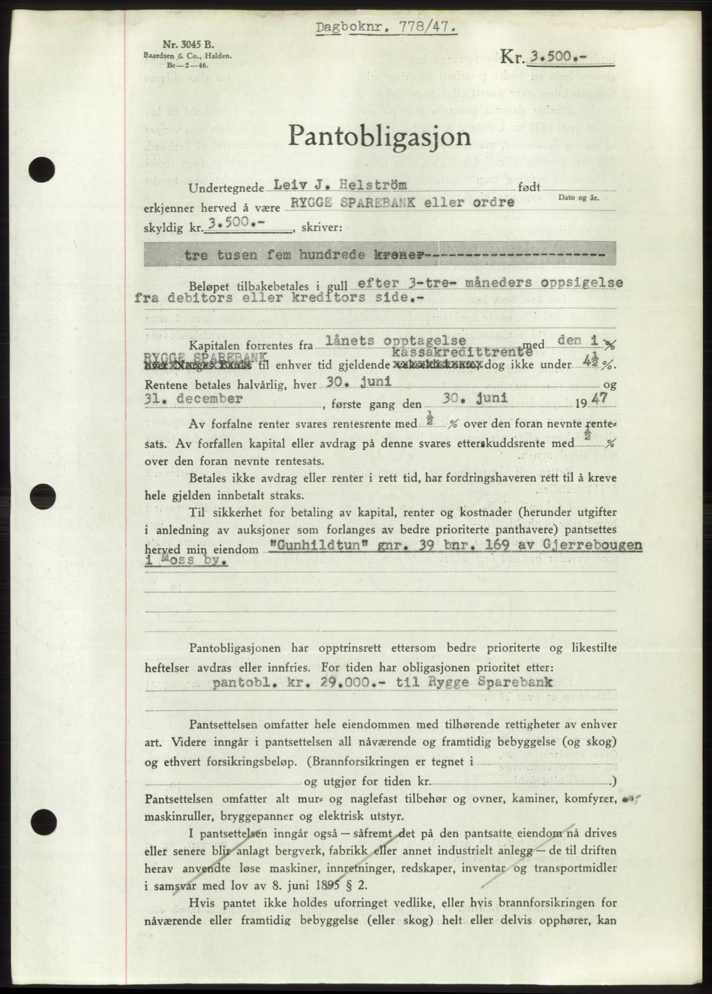 Moss sorenskriveri, SAO/A-10168: Pantebok nr. B16, 1946-1947, Dagboknr: 778/1947