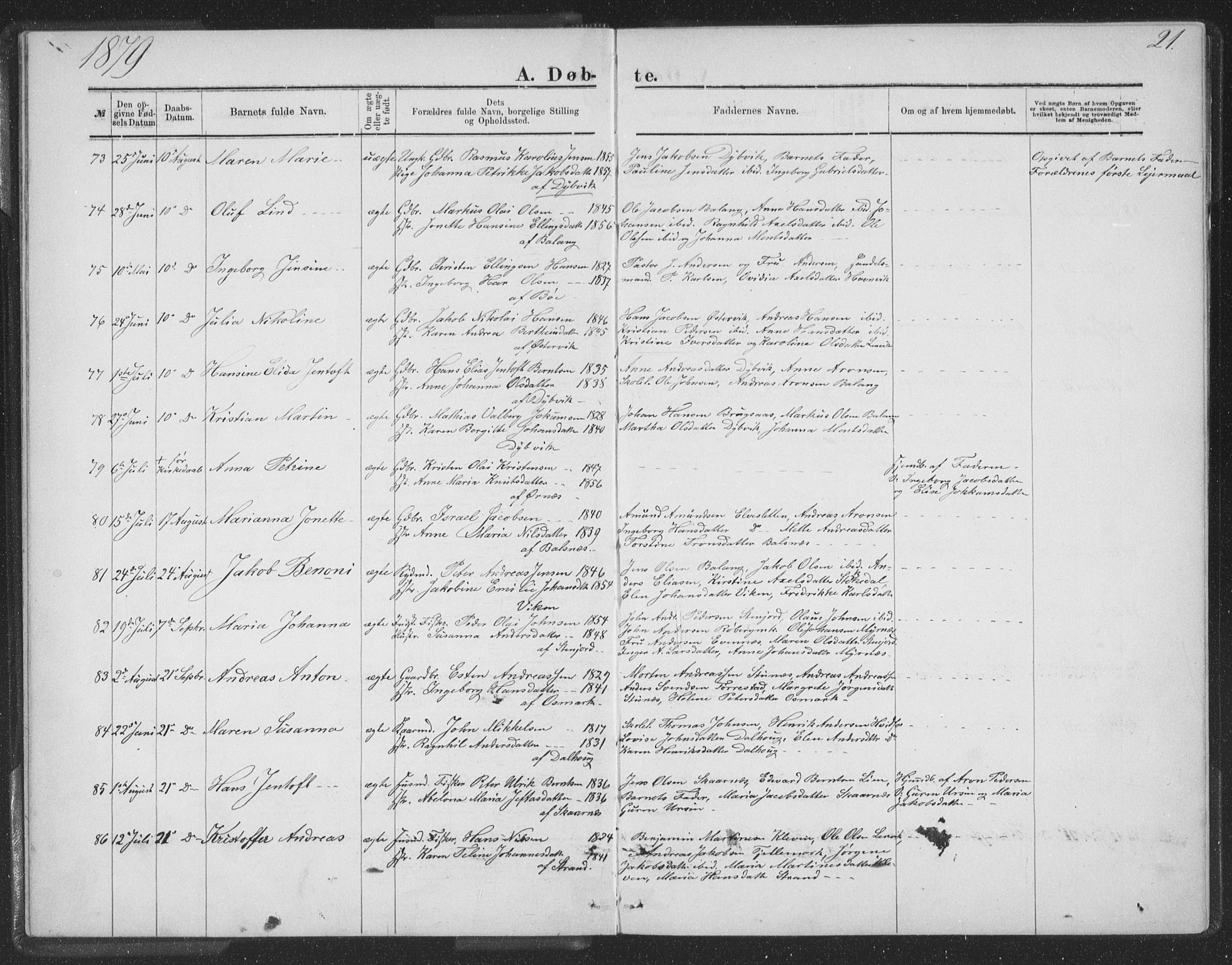 Ministerialprotokoller, klokkerbøker og fødselsregistre - Nordland, AV/SAT-A-1459/863/L0913: Klokkerbok nr. 863C03, 1877-1885, s. 21