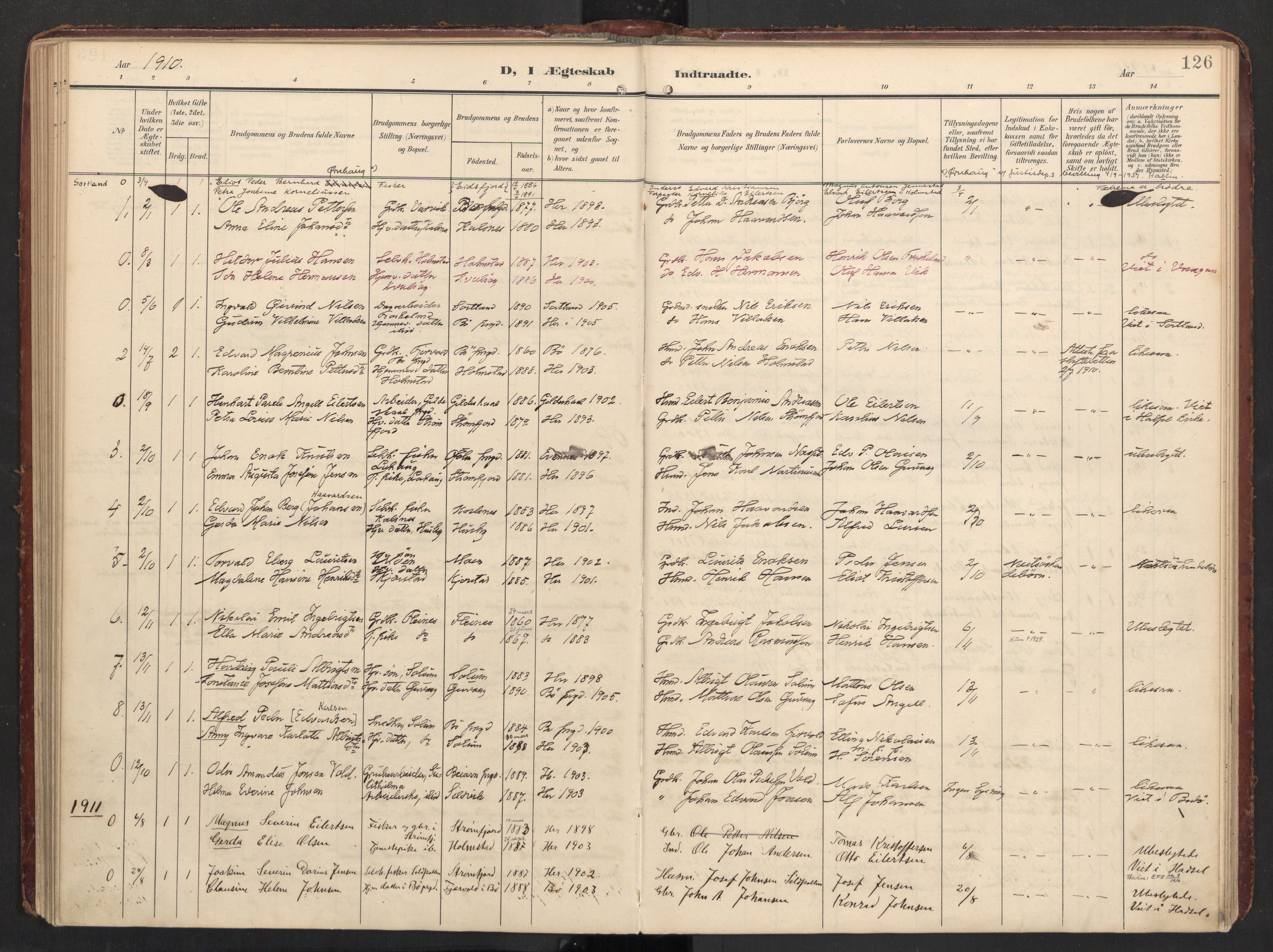 Ministerialprotokoller, klokkerbøker og fødselsregistre - Nordland, AV/SAT-A-1459/890/L1287: Ministerialbok nr. 890A02, 1903-1915, s. 126