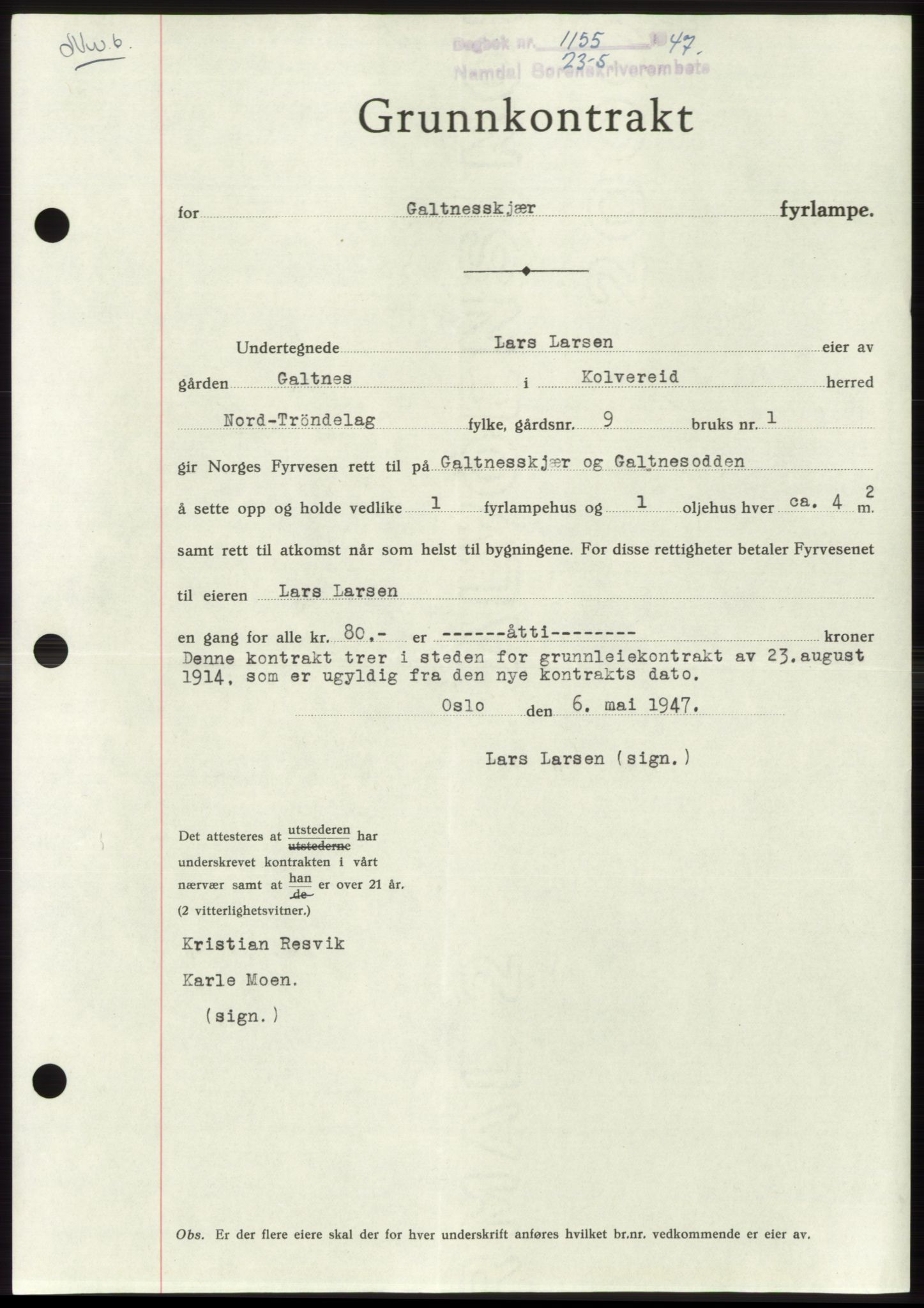 Namdal sorenskriveri, SAT/A-4133/1/2/2C: Pantebok nr. -, 1947-1947, Dagboknr: 1155/1947