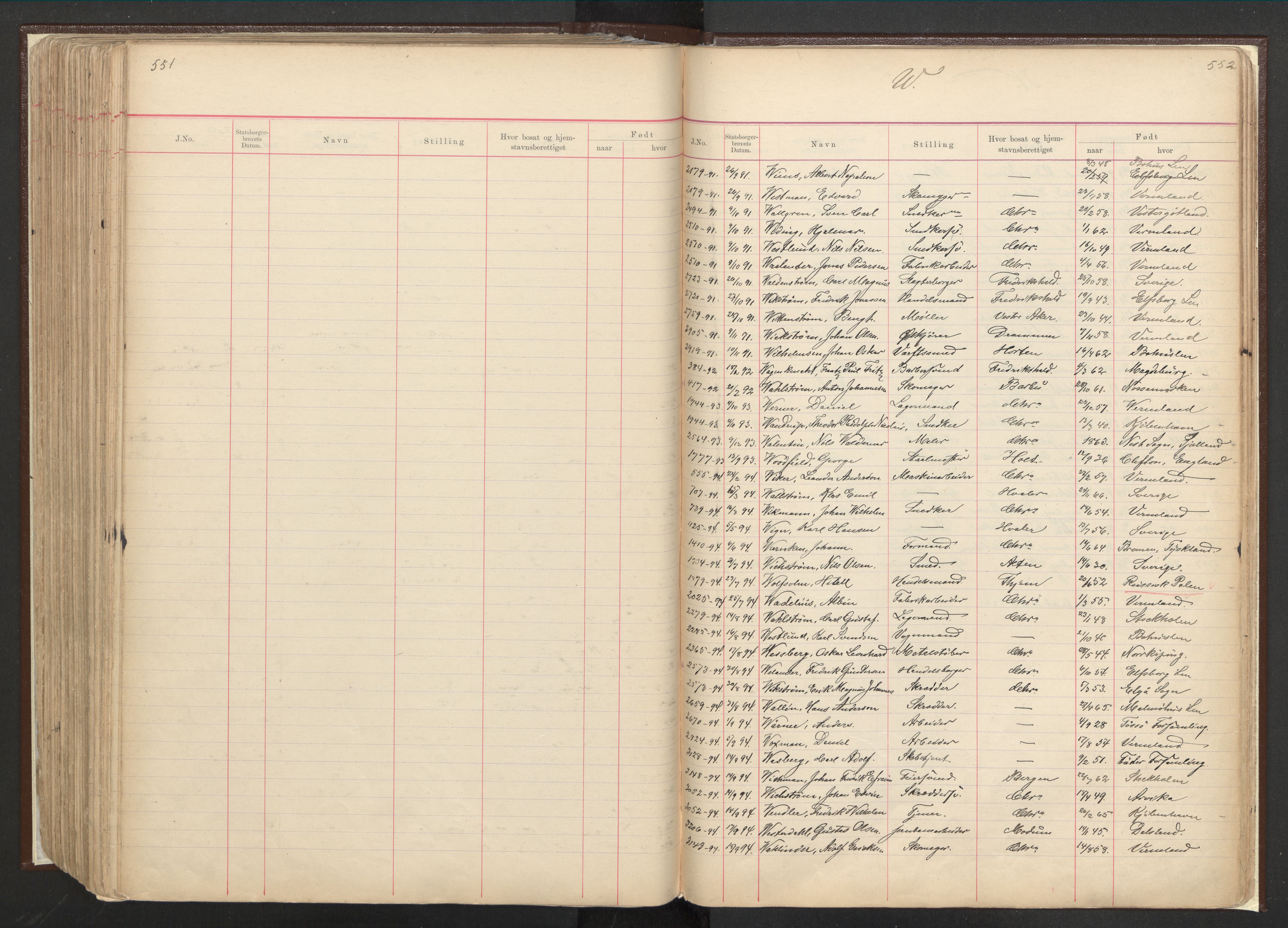 Justisdepartementet, 3. politikontor P3, RA/S-1051/C/Cc/L0001: Journal over statsborgersaker, 1891-1946, s. 551-552