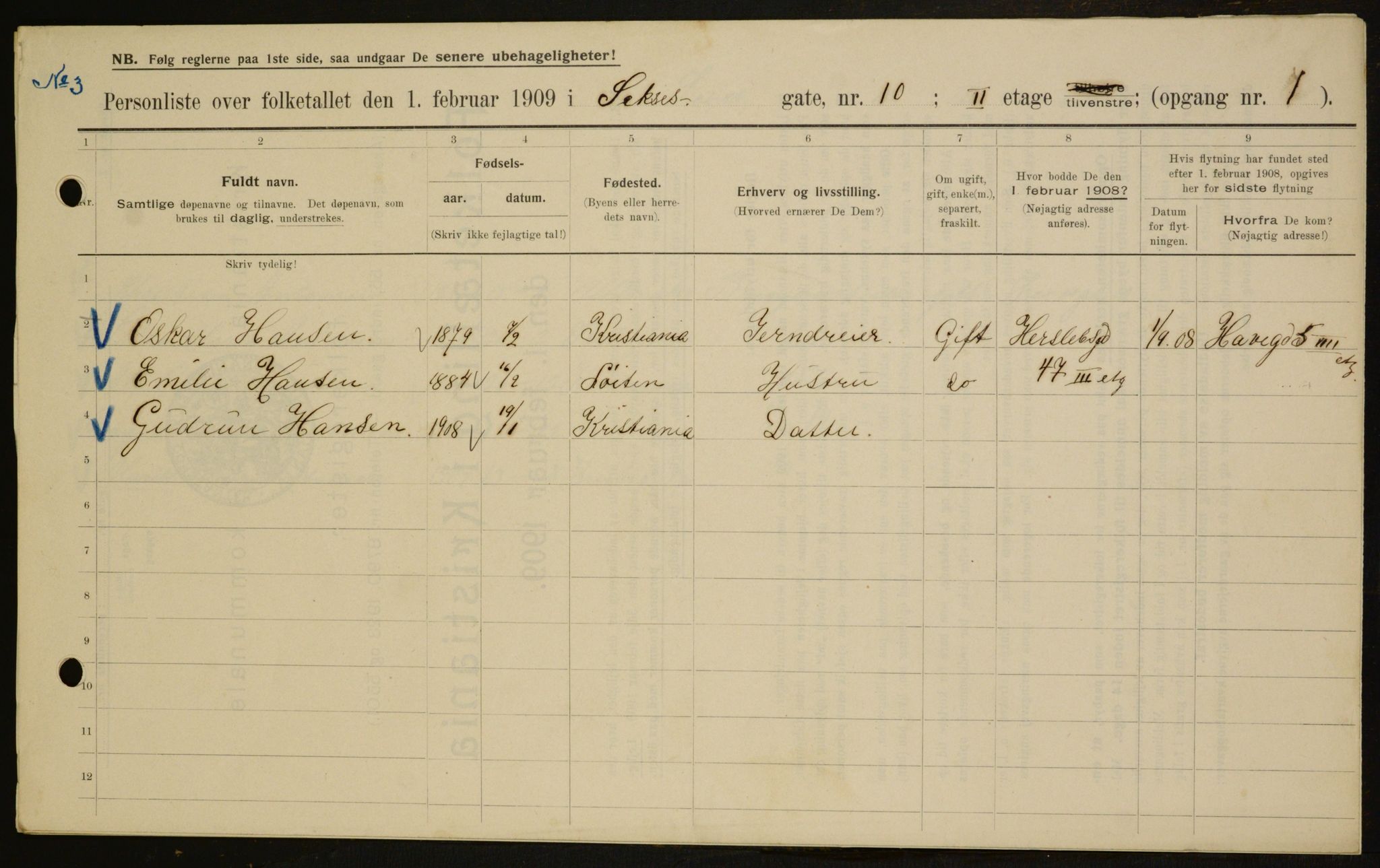 OBA, Kommunal folketelling 1.2.1909 for Kristiania kjøpstad, 1909, s. 86005