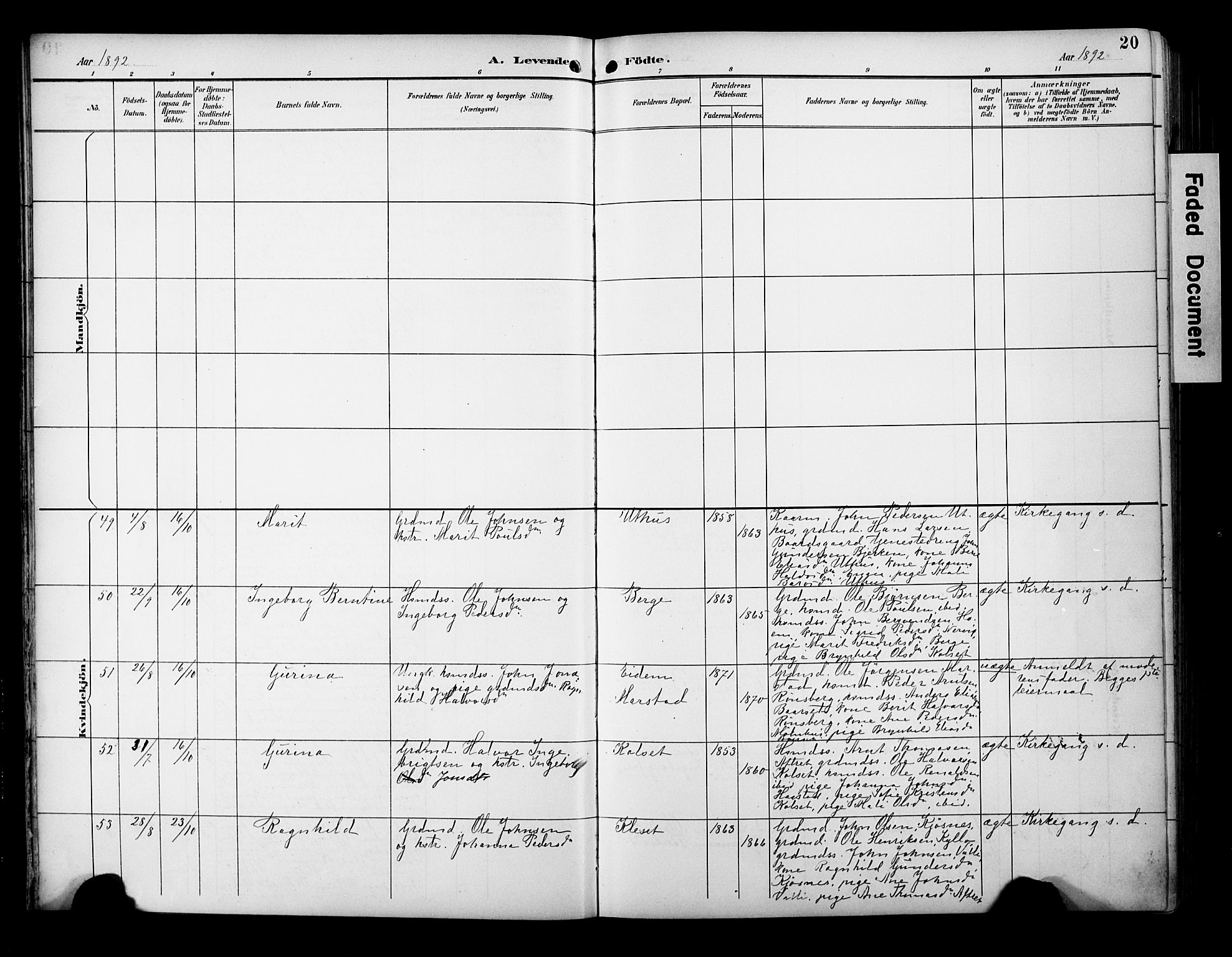 Ministerialprotokoller, klokkerbøker og fødselsregistre - Sør-Trøndelag, AV/SAT-A-1456/695/L1149: Ministerialbok nr. 695A09, 1891-1902, s. 20