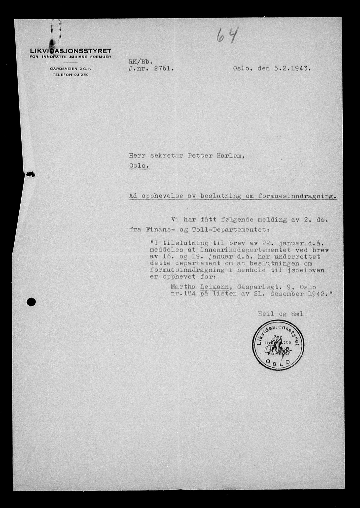 Justisdepartementet, Tilbakeføringskontoret for inndratte formuer, AV/RA-S-1564/H/Hc/Hcc/L0955: --, 1945-1947, s. 692