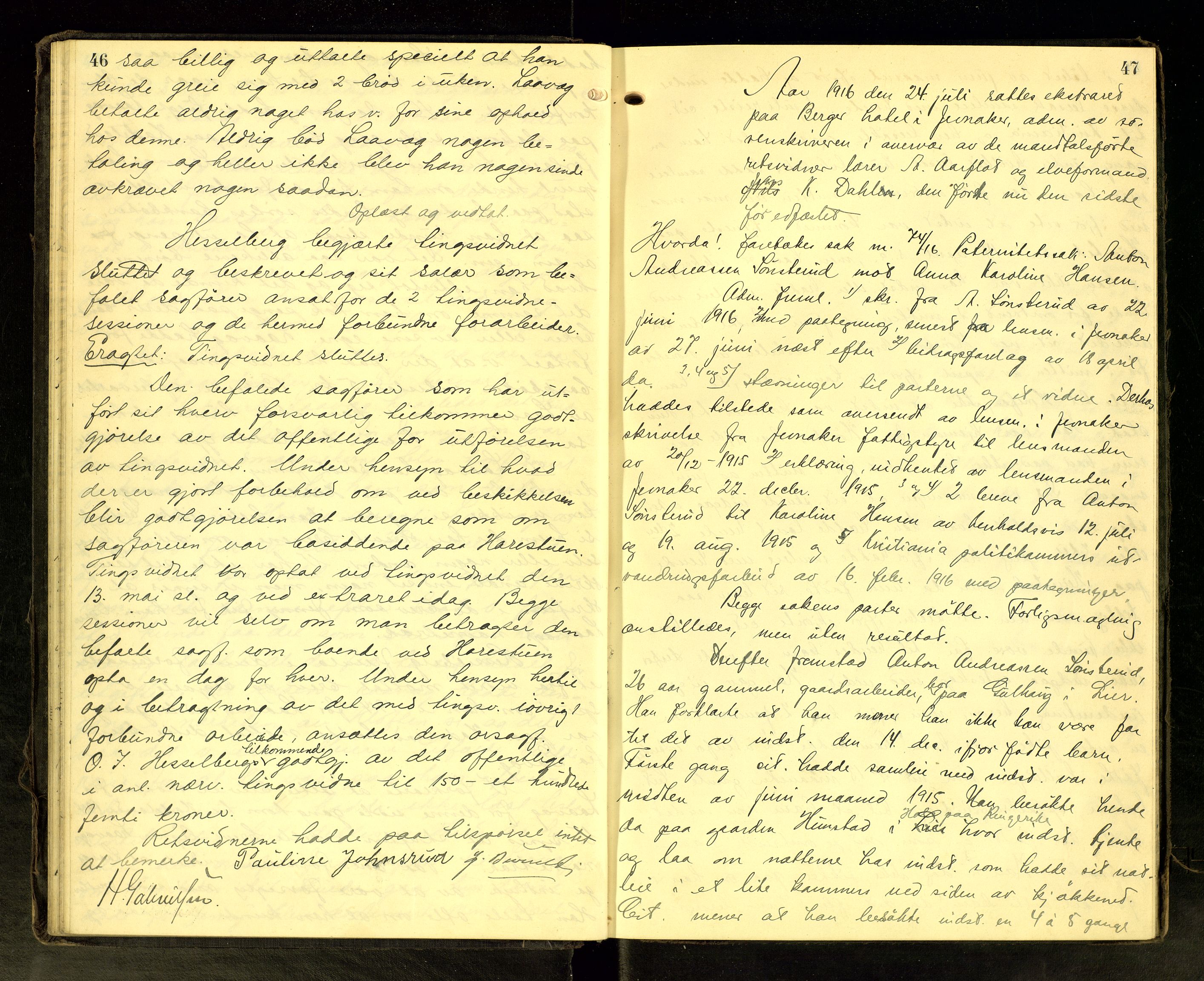 Hadeland og Land tingrett, AV/SAH-TING-010/G/Gc/L0056: Ekstrarettsprotokoll, 1916-1918, s. 46-47