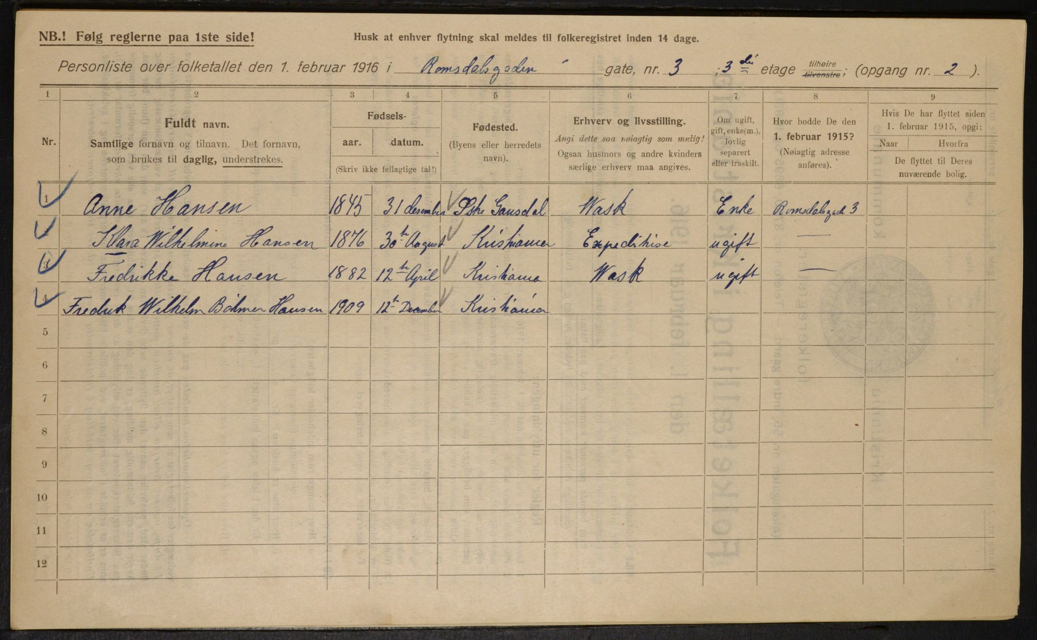 OBA, Kommunal folketelling 1.2.1916 for Kristiania, 1916, s. 85355