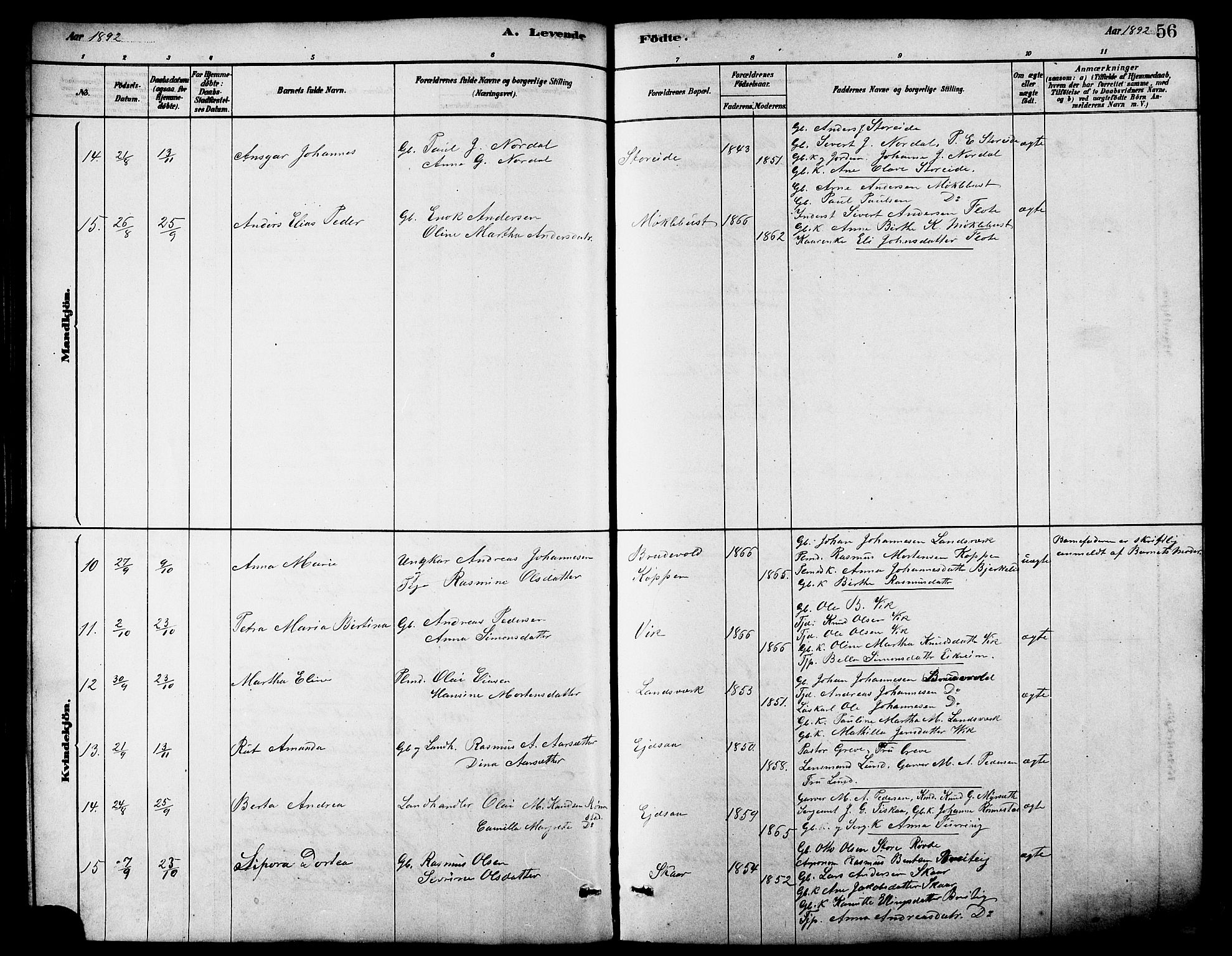 Ministerialprotokoller, klokkerbøker og fødselsregistre - Møre og Romsdal, AV/SAT-A-1454/502/L0027: Klokkerbok nr. 502C01, 1878-1908, s. 56