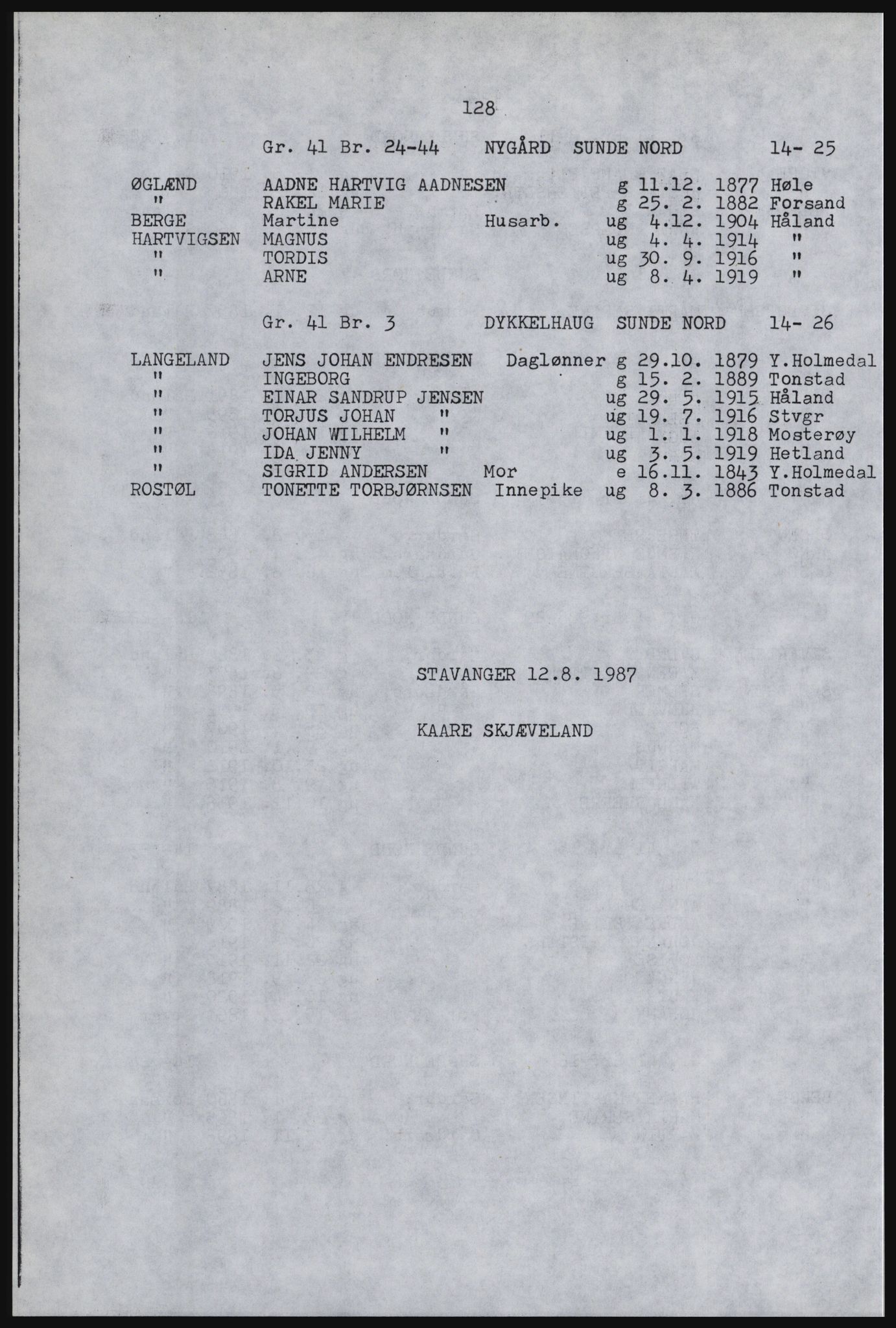 SAST, Avskrift av folketellingen 1920 for Håland herred, 1920, s. 134