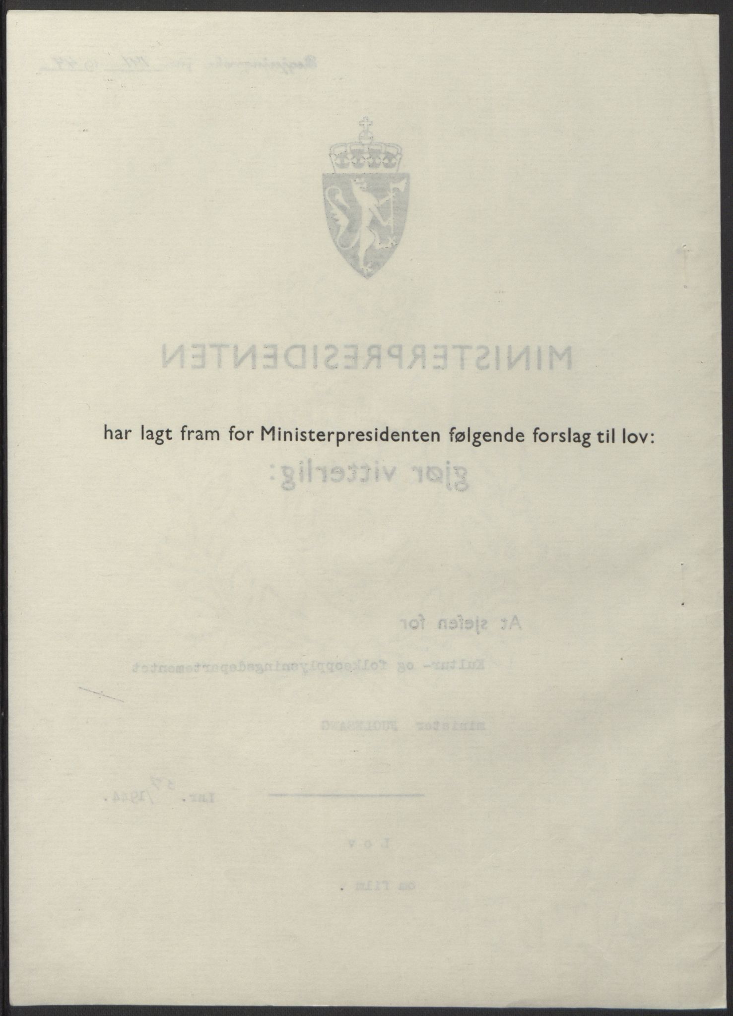 NS-administrasjonen 1940-1945 (Statsrådsekretariatet, de kommisariske statsråder mm), RA/S-4279/D/Db/L0100: Lover, 1944, s. 265