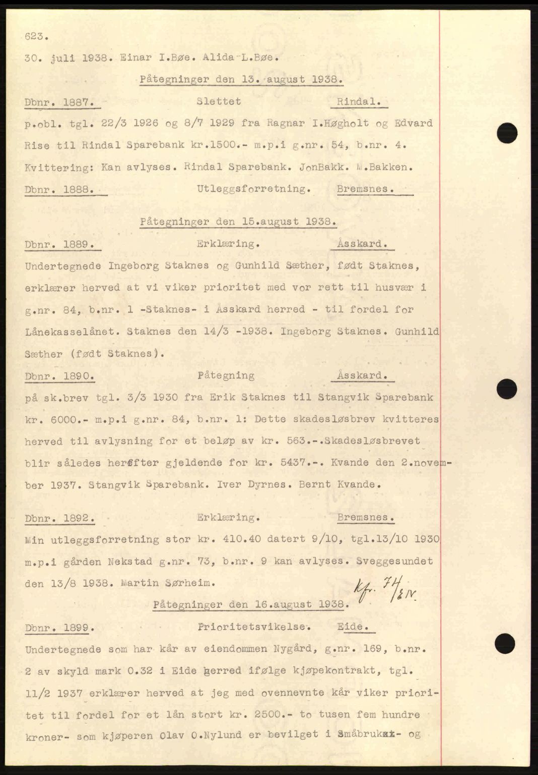 Nordmøre sorenskriveri, SAT/A-4132/1/2/2Ca: Pantebok nr. C80, 1936-1939, Dagboknr: 1887/1938