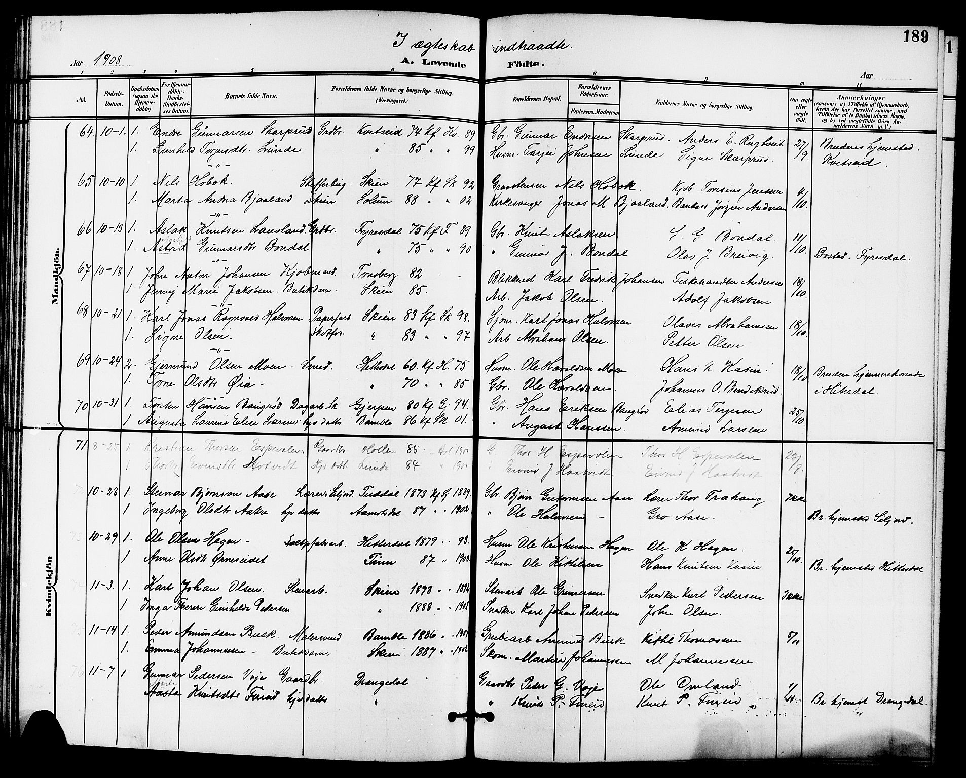 Skien kirkebøker, AV/SAKO-A-302/G/Ga/L0008: Klokkerbok nr. 8, 1900-1910, s. 189