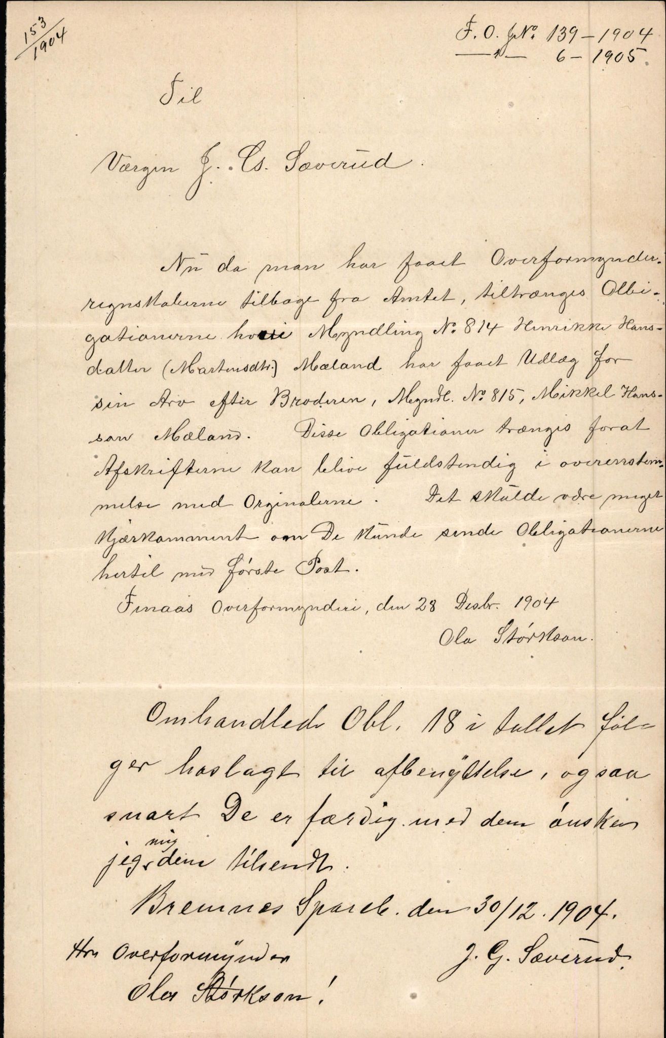 Finnaas kommune. Overformynderiet, IKAH/1218a-812/D/Da/Daa/L0002/0003: Kronologisk ordna korrespondanse / Kronologisk ordna korrespondanse, 1905-1909, s. 1