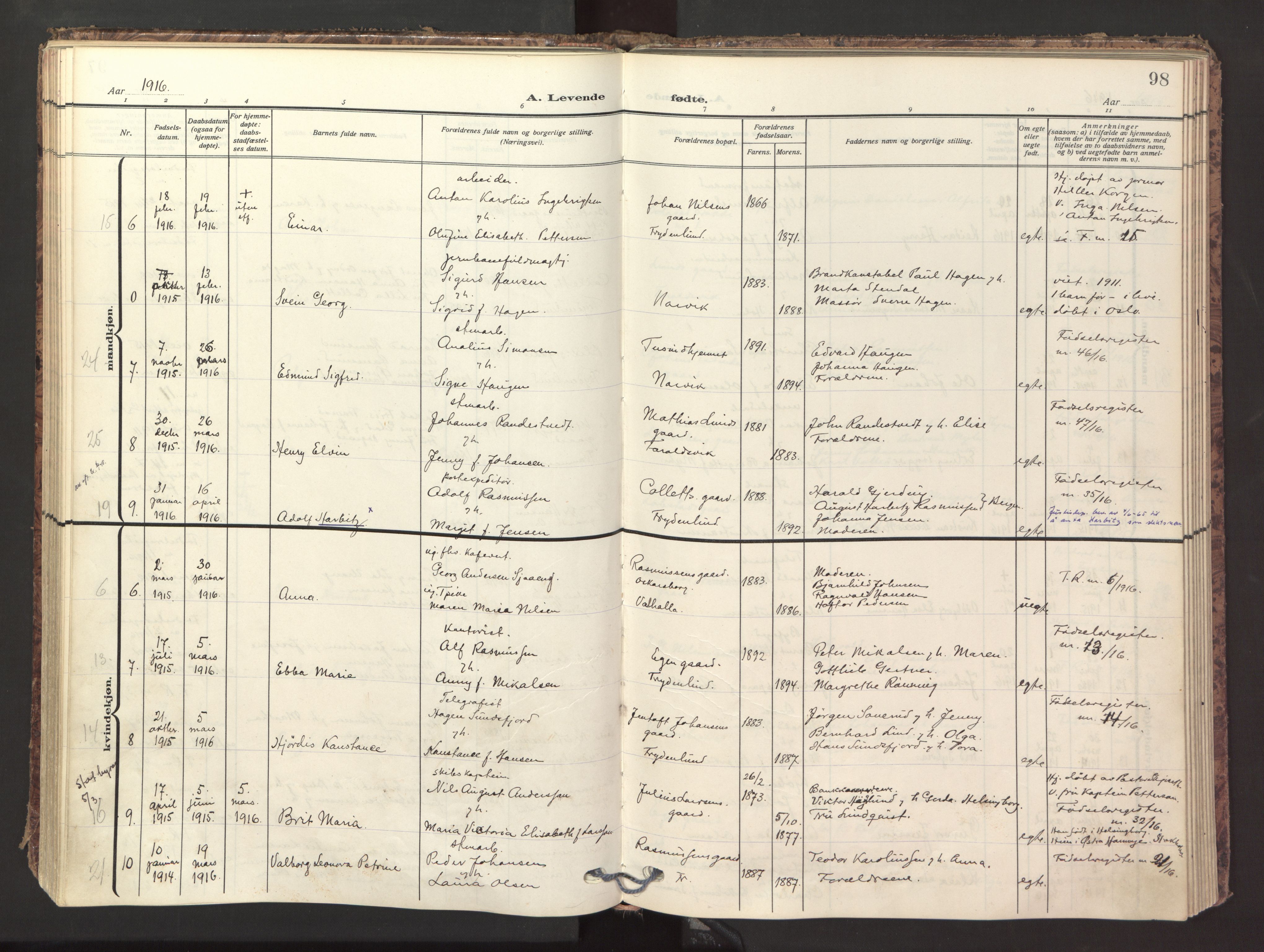 Ministerialprotokoller, klokkerbøker og fødselsregistre - Nordland, SAT/A-1459/871/L1001: Ministerialbok nr. 871A17, 1911-1921, s. 98