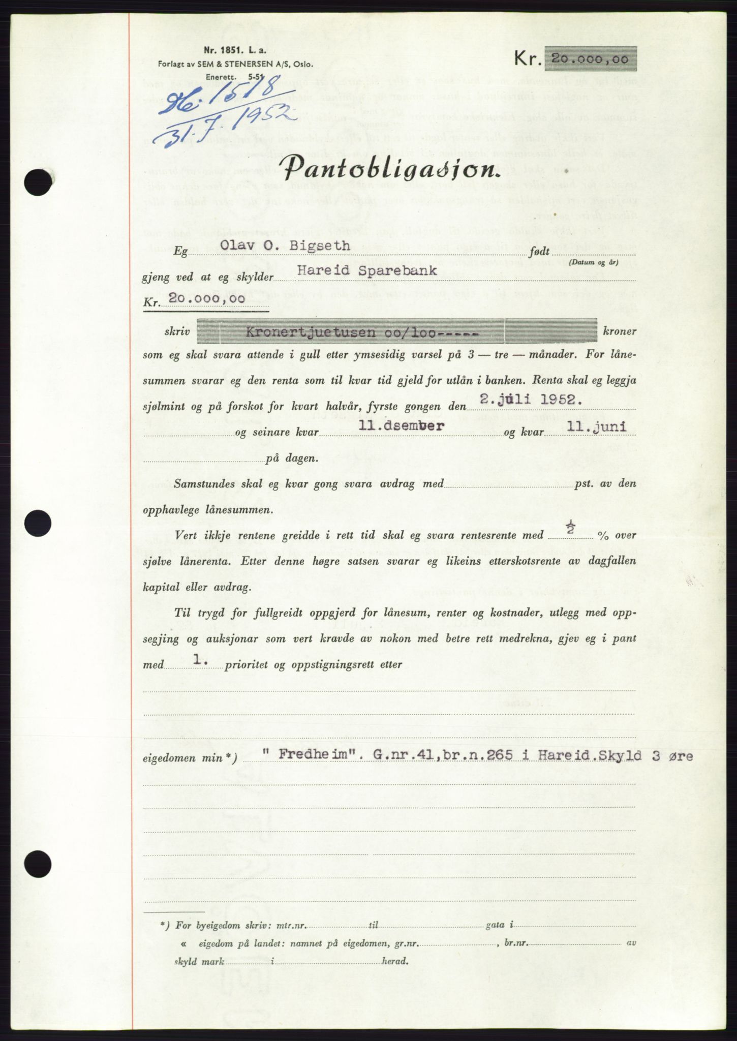 Søre Sunnmøre sorenskriveri, AV/SAT-A-4122/1/2/2C/L0121: Pantebok nr. 9B, 1951-1952, Dagboknr: 1518/1952