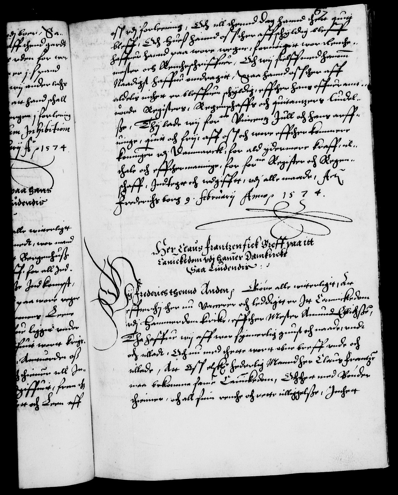 Danske Kanselli 1572-1799, AV/RA-EA-3023/F/Fc/Fca/Fcaa/L0001: Norske registre (mikrofilm), 1572-1588, s. 67a