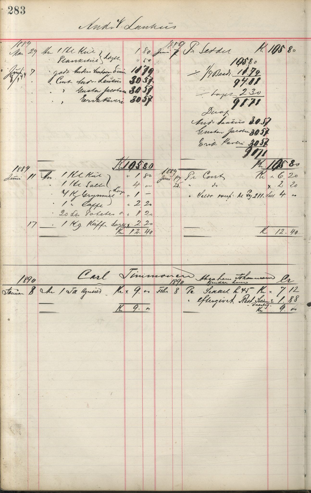 Brodtkorb handel A/S, VAMU/A-0001/F/Fa/L0001/0002: Kompanibøker. Innensogns / Compagnibog for Indensogns Fiskere No 11, 1887-1889, s. 283