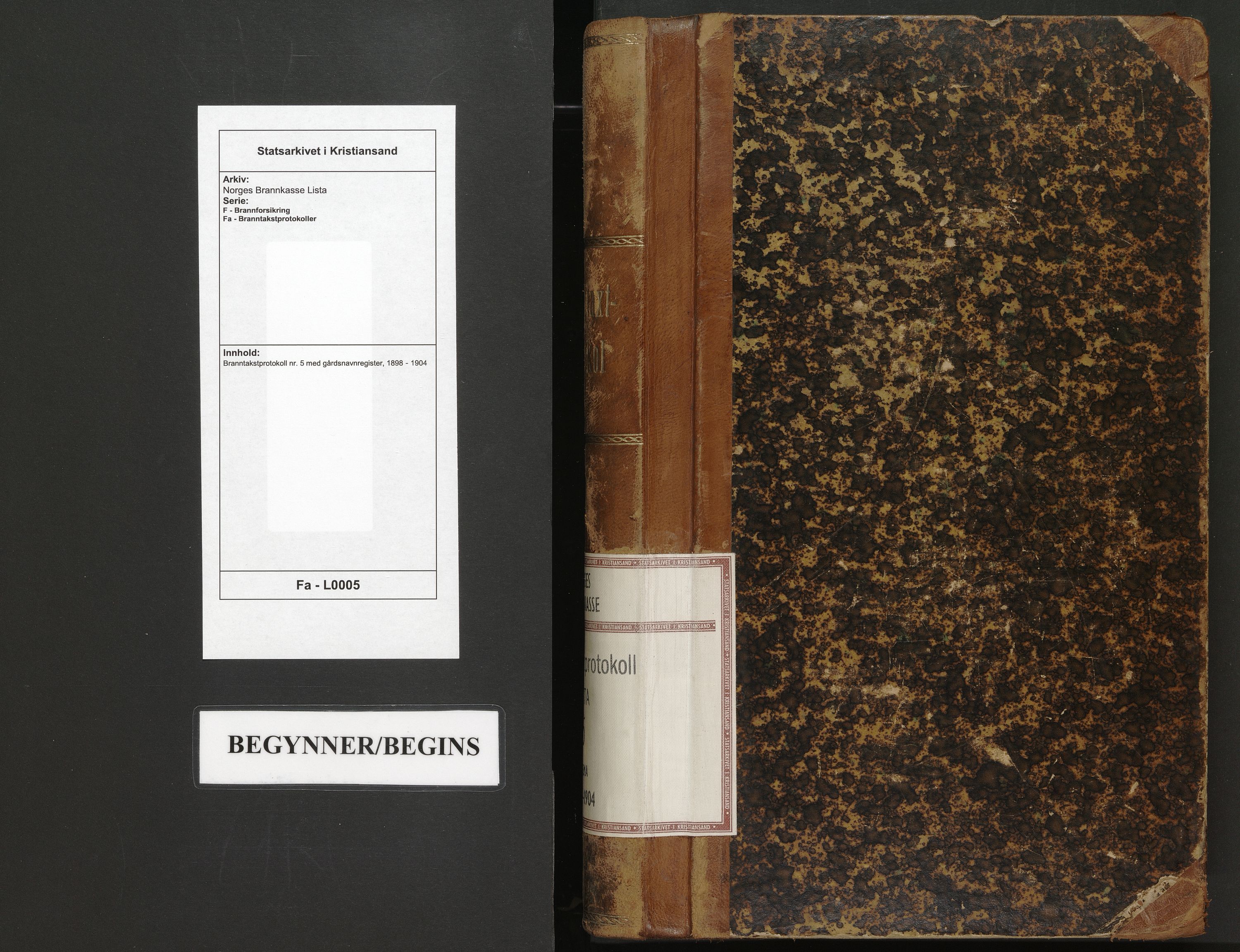 Norges Brannkasse Lista, SAK/2241-0035/F/Fa/L0005: Branntakstprotokoll nr. 5 med gårdsnavnregister, 1898-1904