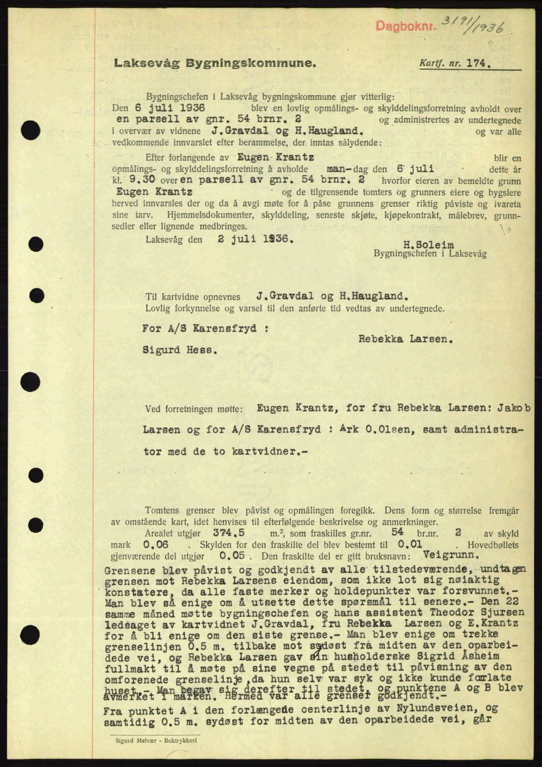 Midhordland sorenskriveri, SAB/A-3001/1/G/Gb/Gbk/L0001: Pantebok nr. A1-6, 1936-1937, Dagboknr: 3191/1936