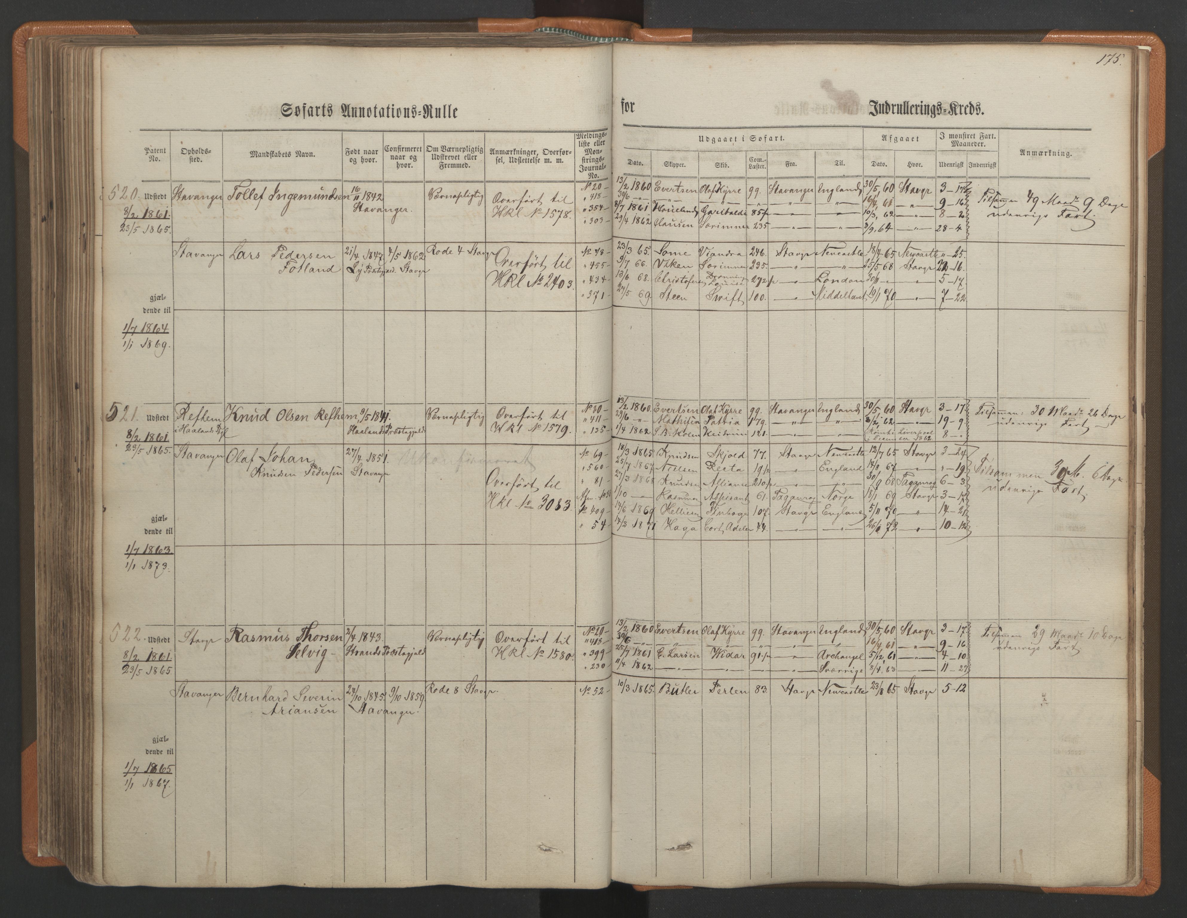 Stavanger sjømannskontor, AV/SAST-A-102006/F/Ff/L0001: Annotasjonsrulle, patentnr. 1-597 (del 1), 1860-1864, s. 185