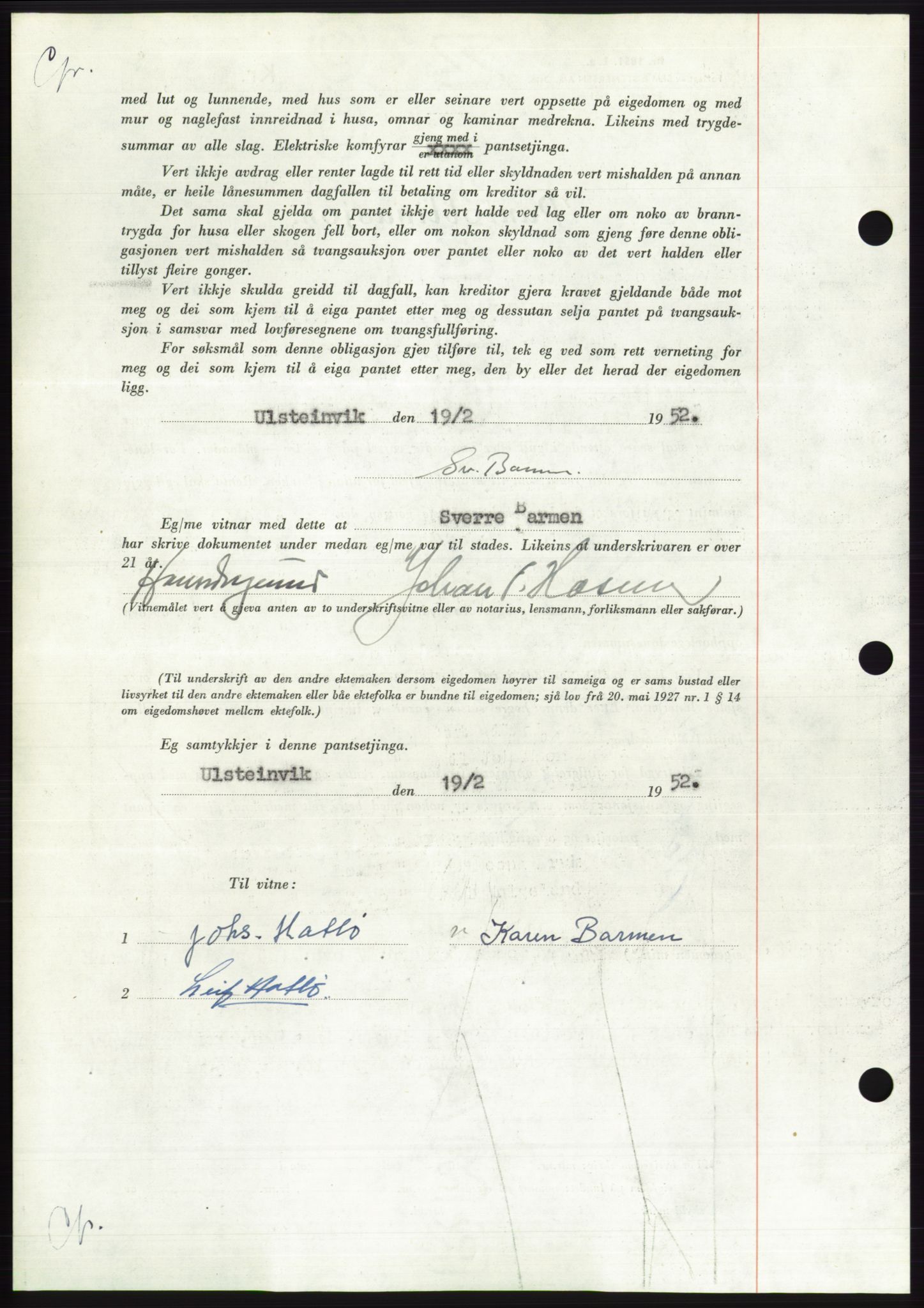 Søre Sunnmøre sorenskriveri, AV/SAT-A-4122/1/2/2C/L0121: Pantebok nr. 9B, 1951-1952, Dagboknr: 374/1952