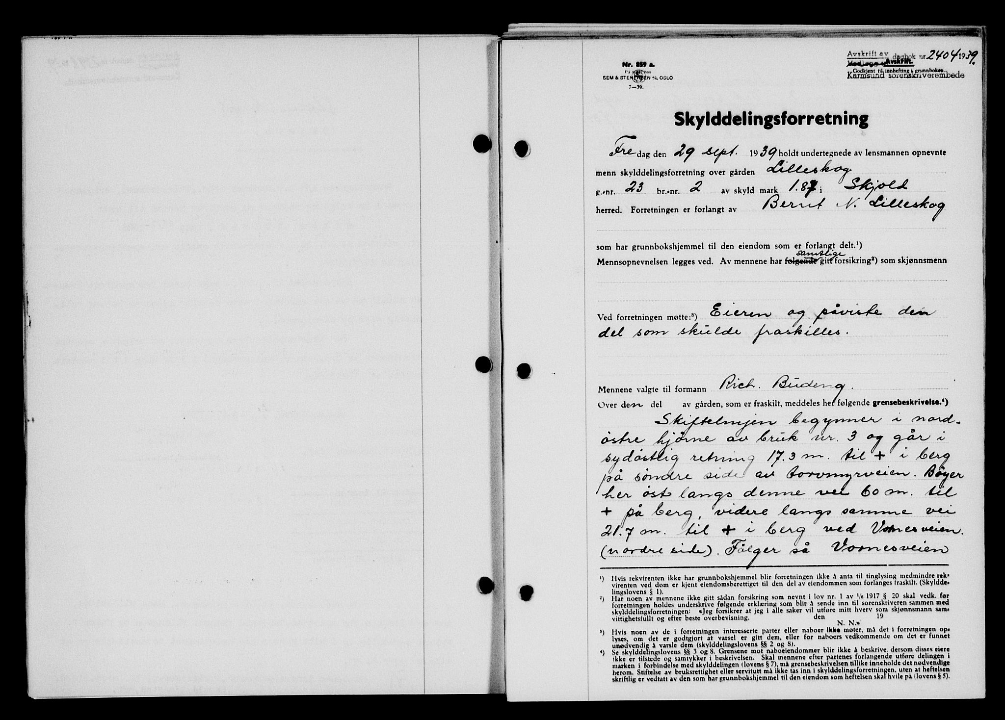 Karmsund sorenskriveri, SAST/A-100311/01/II/IIB/L0072: Pantebok nr. 53A, 1939-1940, Dagboknr: 2404/1939