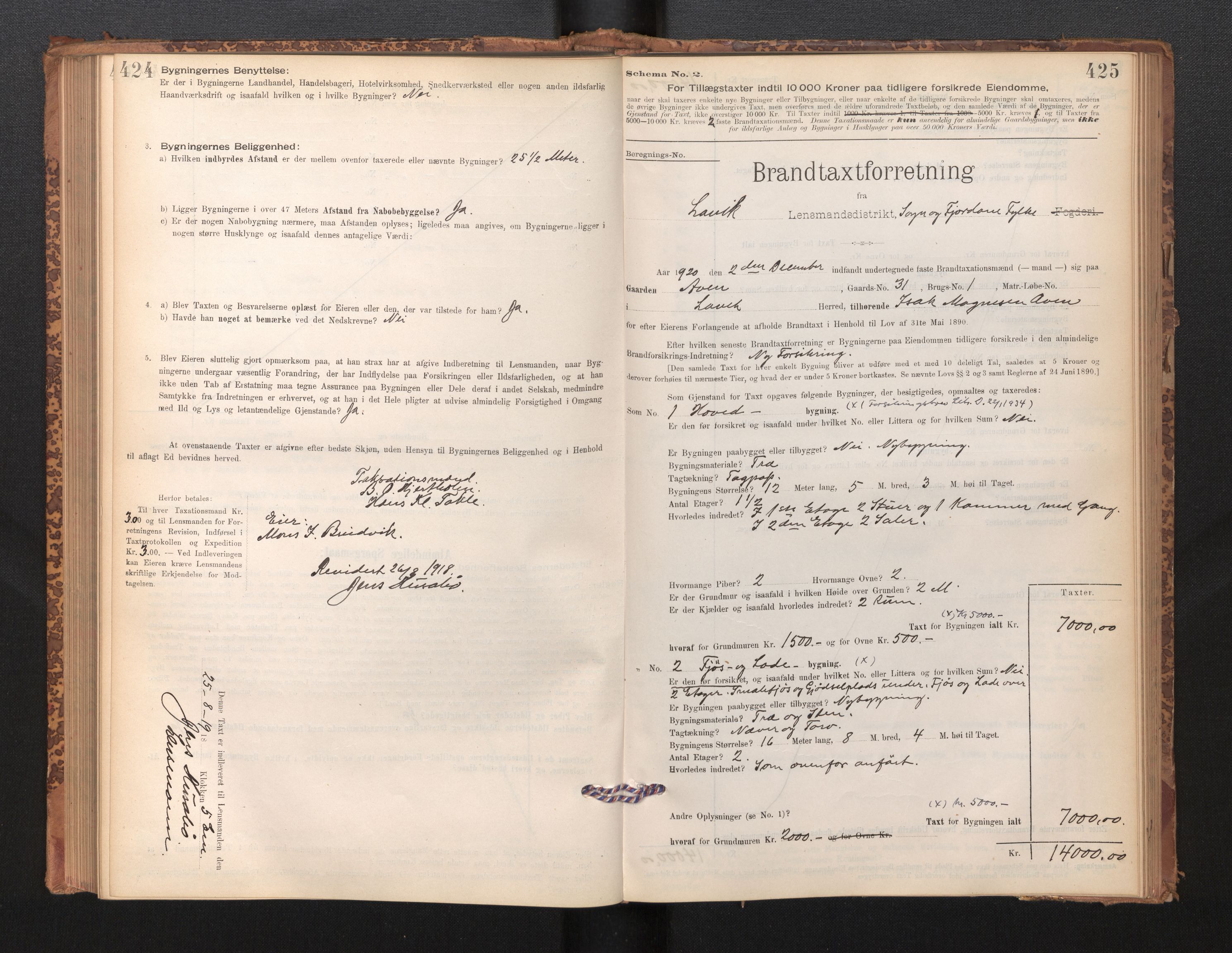 Lensmannen i Lavik, SAB/A-29101/0012/L0002: Branntakstprotokoll, skjematakst, 1895-1933, s. 424-425