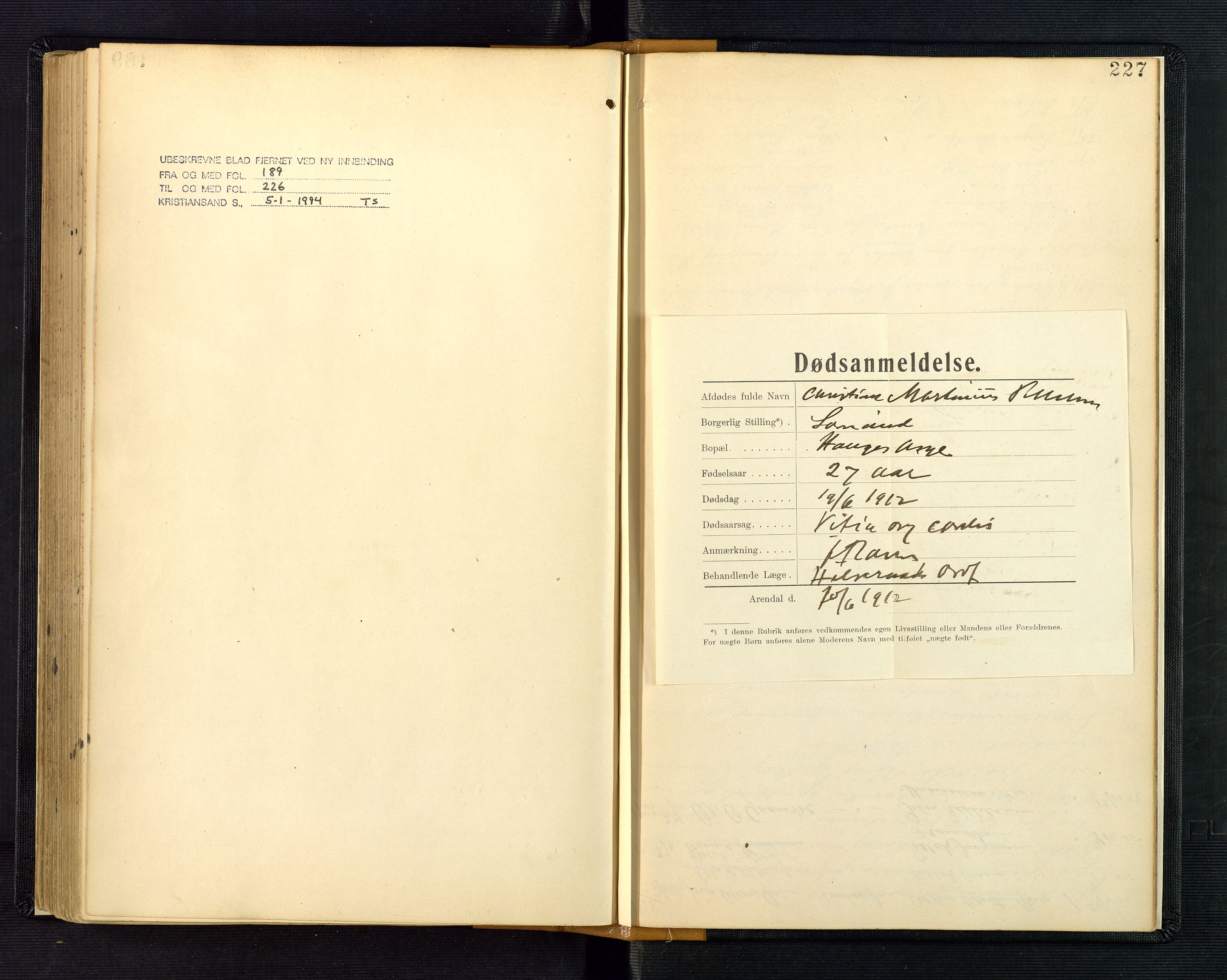 Nedenes sorenskriveri, SAK/1221-0006/H/Ha/L0003: Dødsfallsprotokoll nr 3, 1890-1914, s. 227