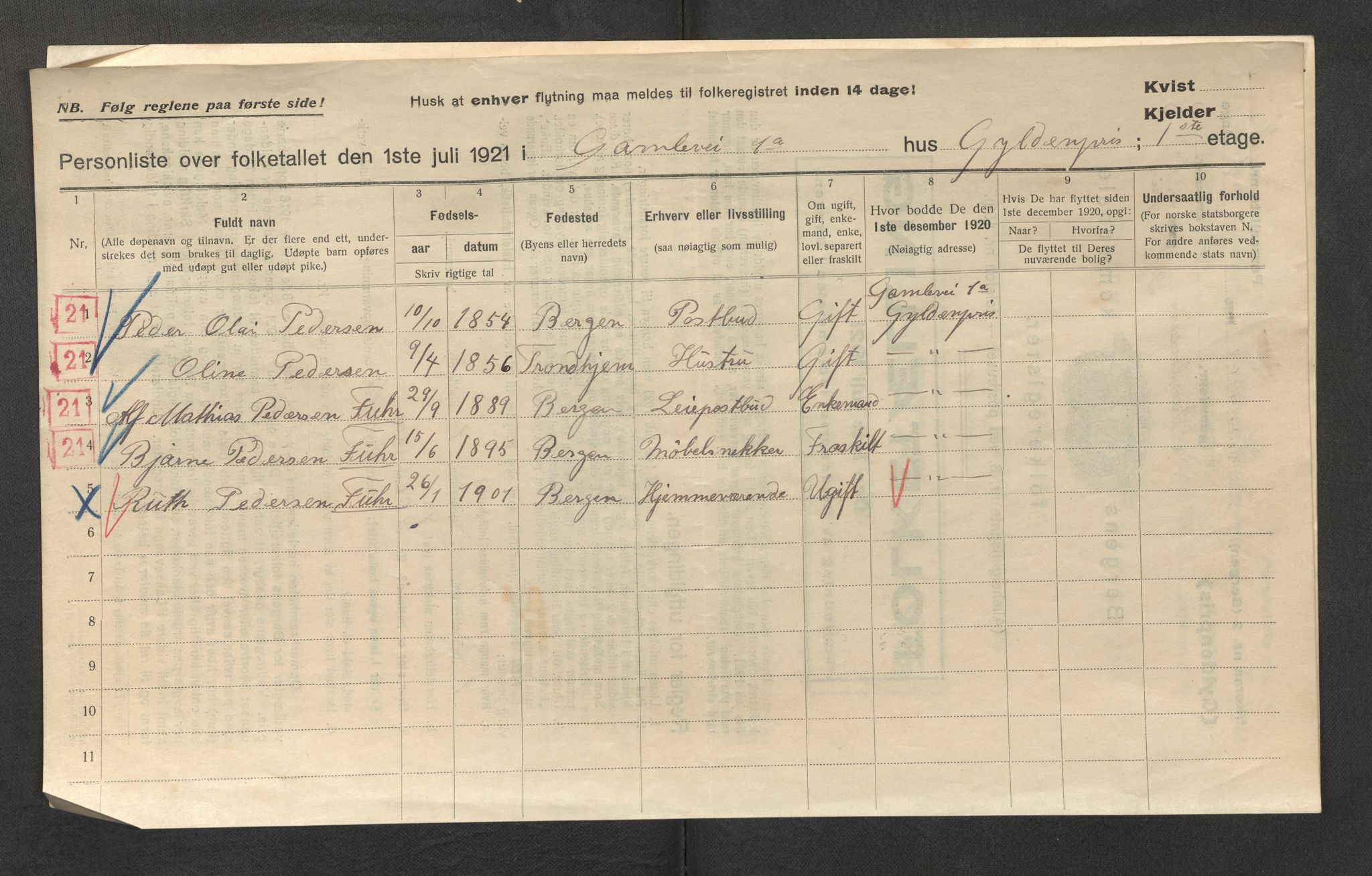 SAB, Kommunal folketelling 1921 for Gyldenpris ved overføring fra Laksevåg herred til Bergen kjøpstad, 1921, s. 6