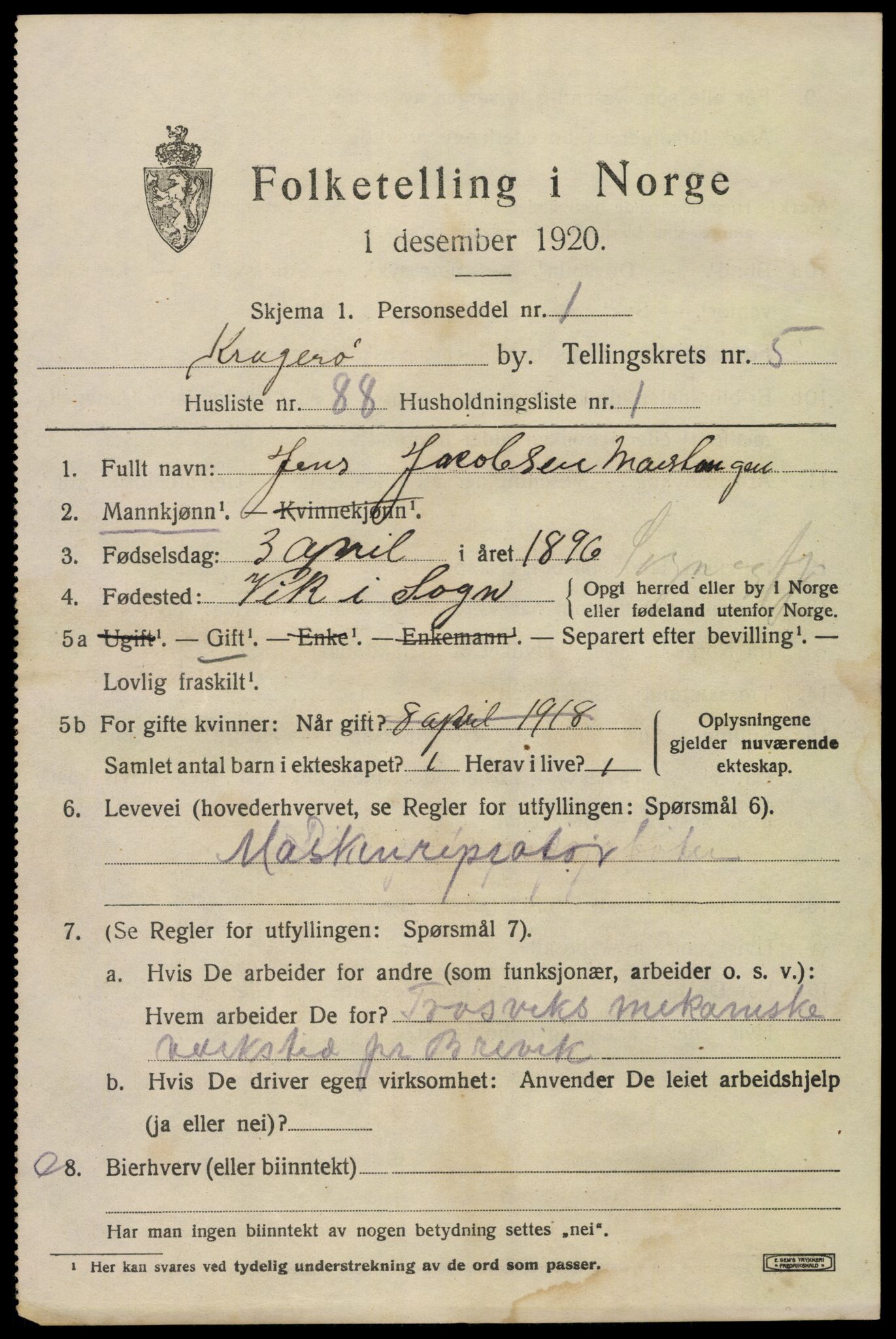 SAKO, Folketelling 1920 for 0801 Kragerø kjøpstad, 1920, s. 9061