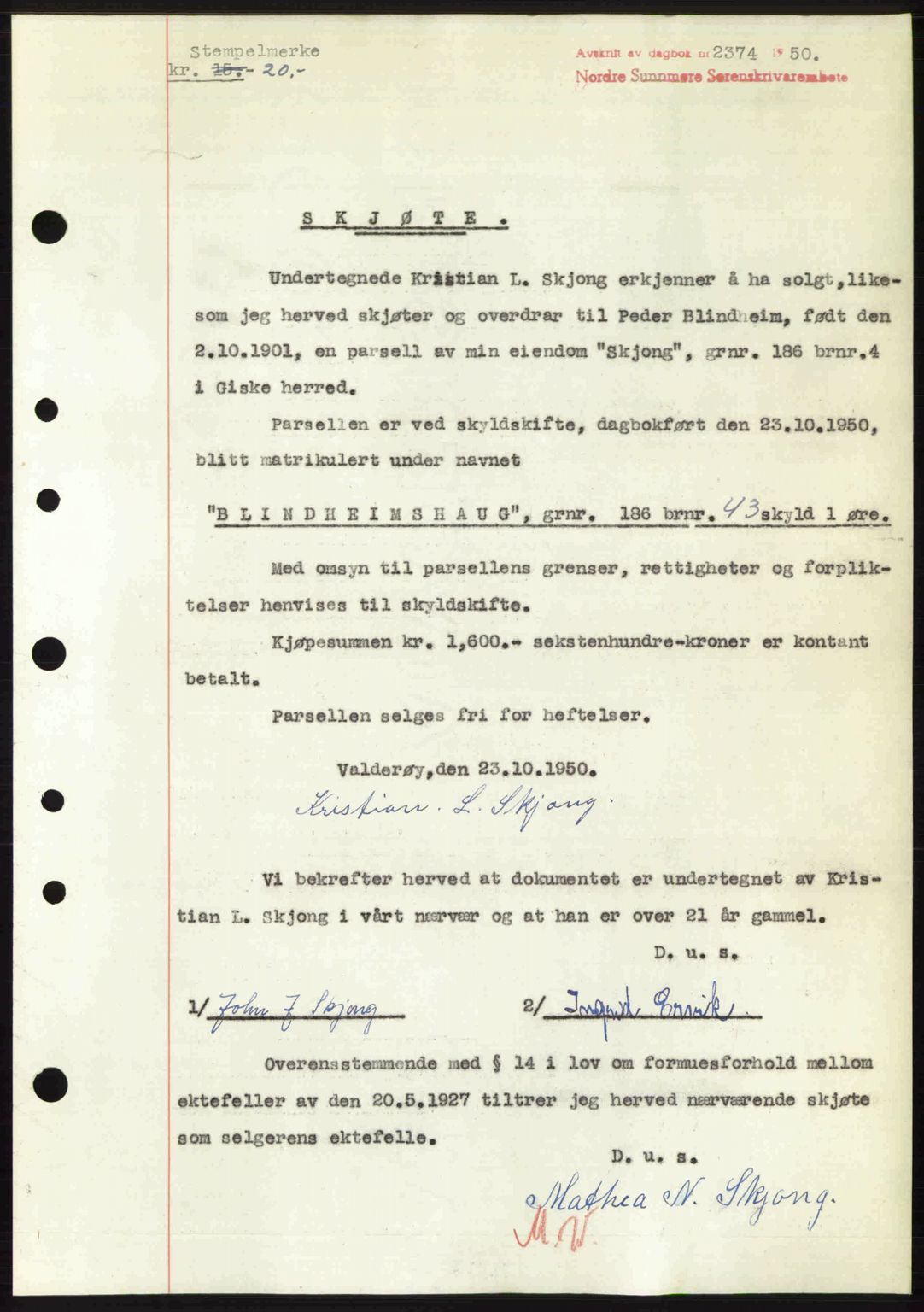 Nordre Sunnmøre sorenskriveri, SAT/A-0006/1/2/2C/2Ca: Pantebok nr. A36, 1950-1950, Dagboknr: 2374/1950
