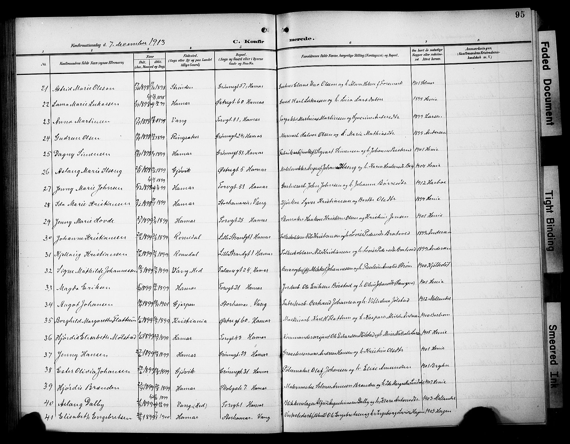 Hamar prestekontor, AV/SAH-DOMPH-002/H/Ha/Hab/L0002: Klokkerbok nr. 2, 1899-1929, s. 95