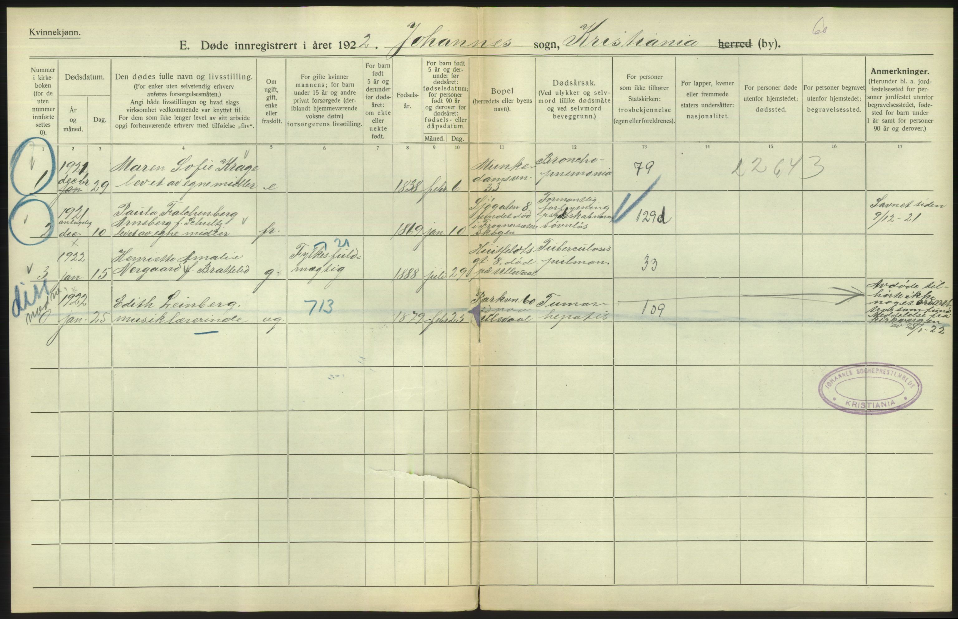 Statistisk sentralbyrå, Sosiodemografiske emner, Befolkning, AV/RA-S-2228/D/Df/Dfc/Dfcb/L0009: Kristiania: Døde, 1922, s. 96