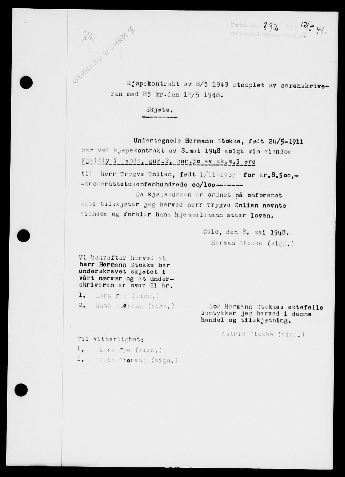 Holmestrand sorenskriveri, SAKO/A-67/G/Ga/Gaa/L0064: Pantebok nr. A-64, 1948-1948, Dagboknr: 892/1948