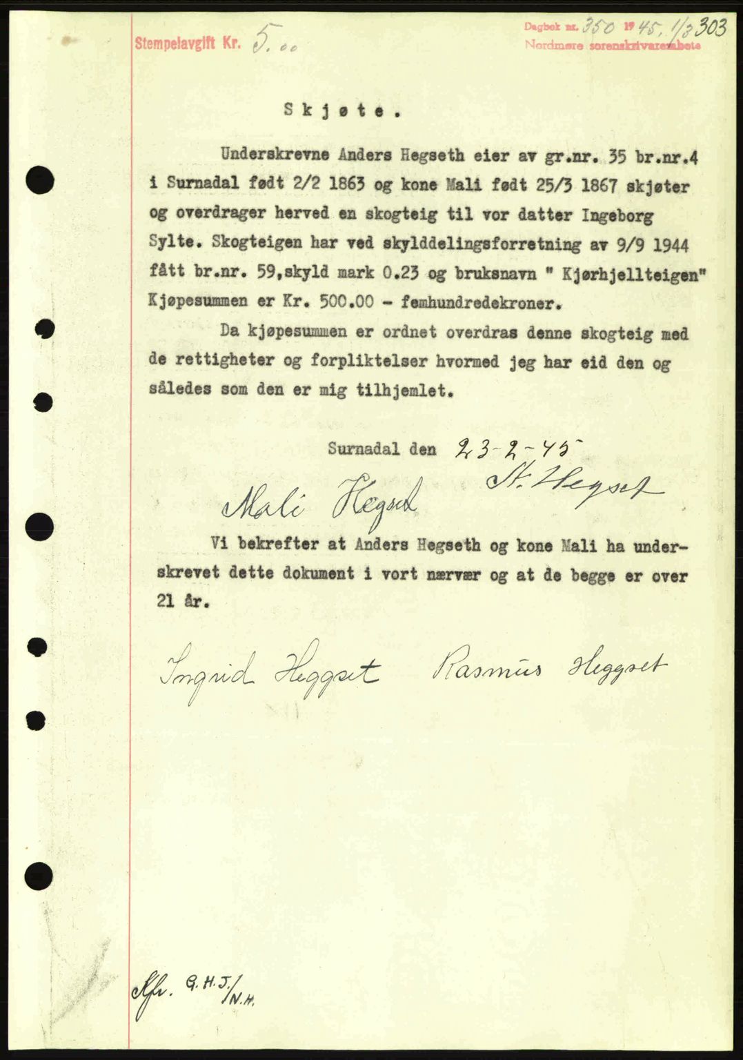 Nordmøre sorenskriveri, SAT/A-4132/1/2/2Ca: Pantebok nr. A99, 1945-1945, Dagboknr: 350/1945