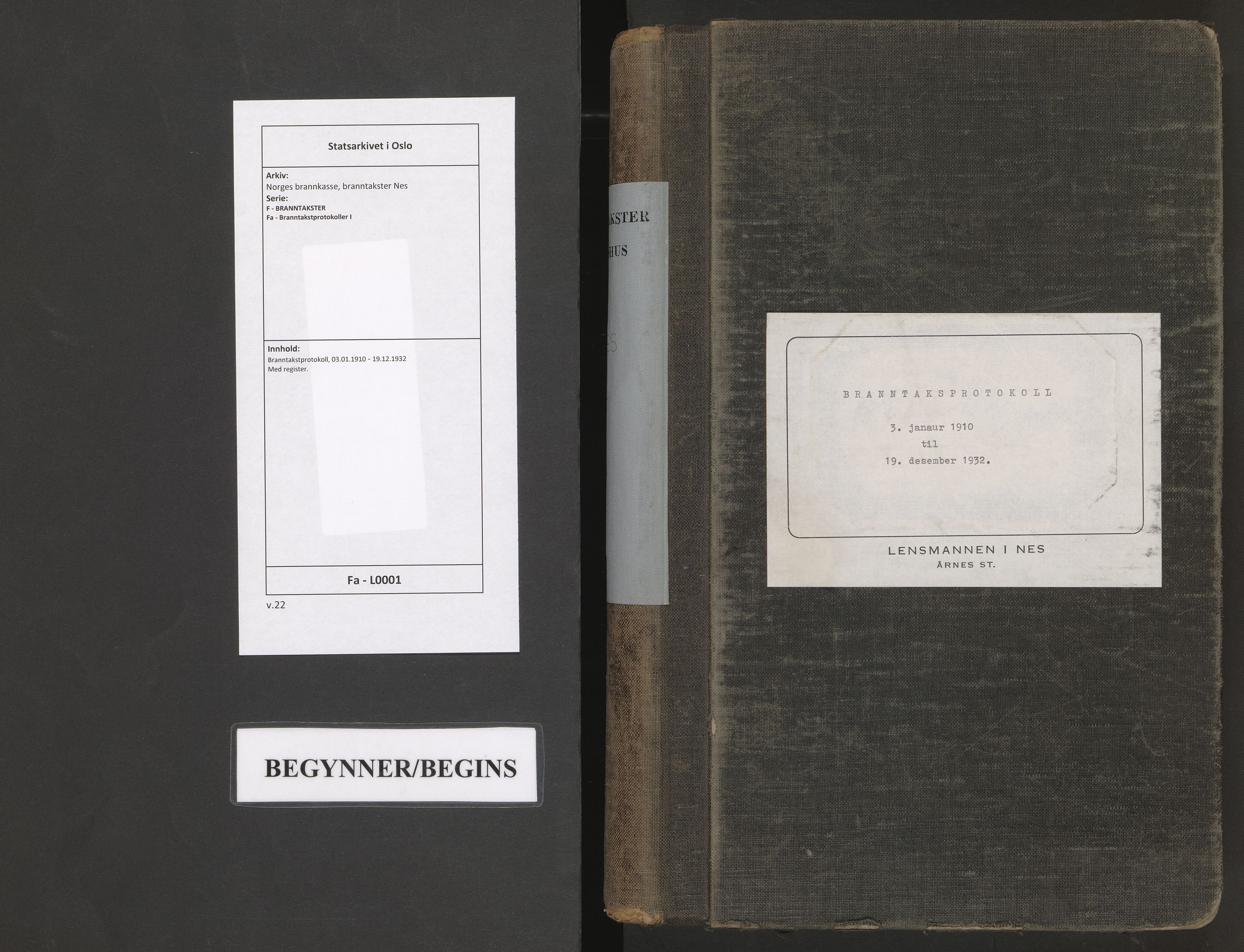 Norges brannkasse, branntakster Nes, AV/SAO-A-11392/F/Fa/L0001: Branntakstprotokoll, 1910-1932