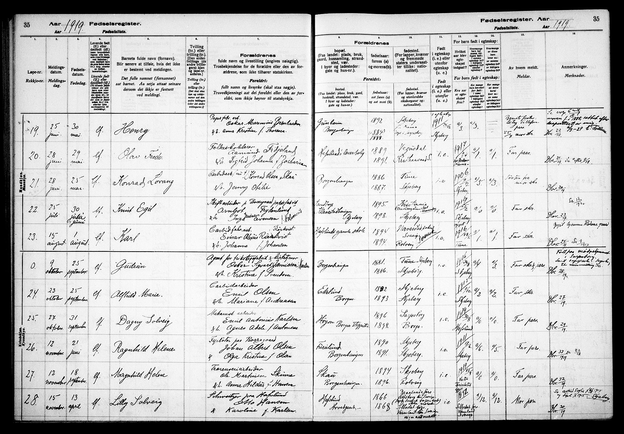 Skjeberg prestekontor Kirkebøker, AV/SAO-A-10923/J/Jd/L0001: Fødselsregister nr. IV 1, 1916-1935, s. 35