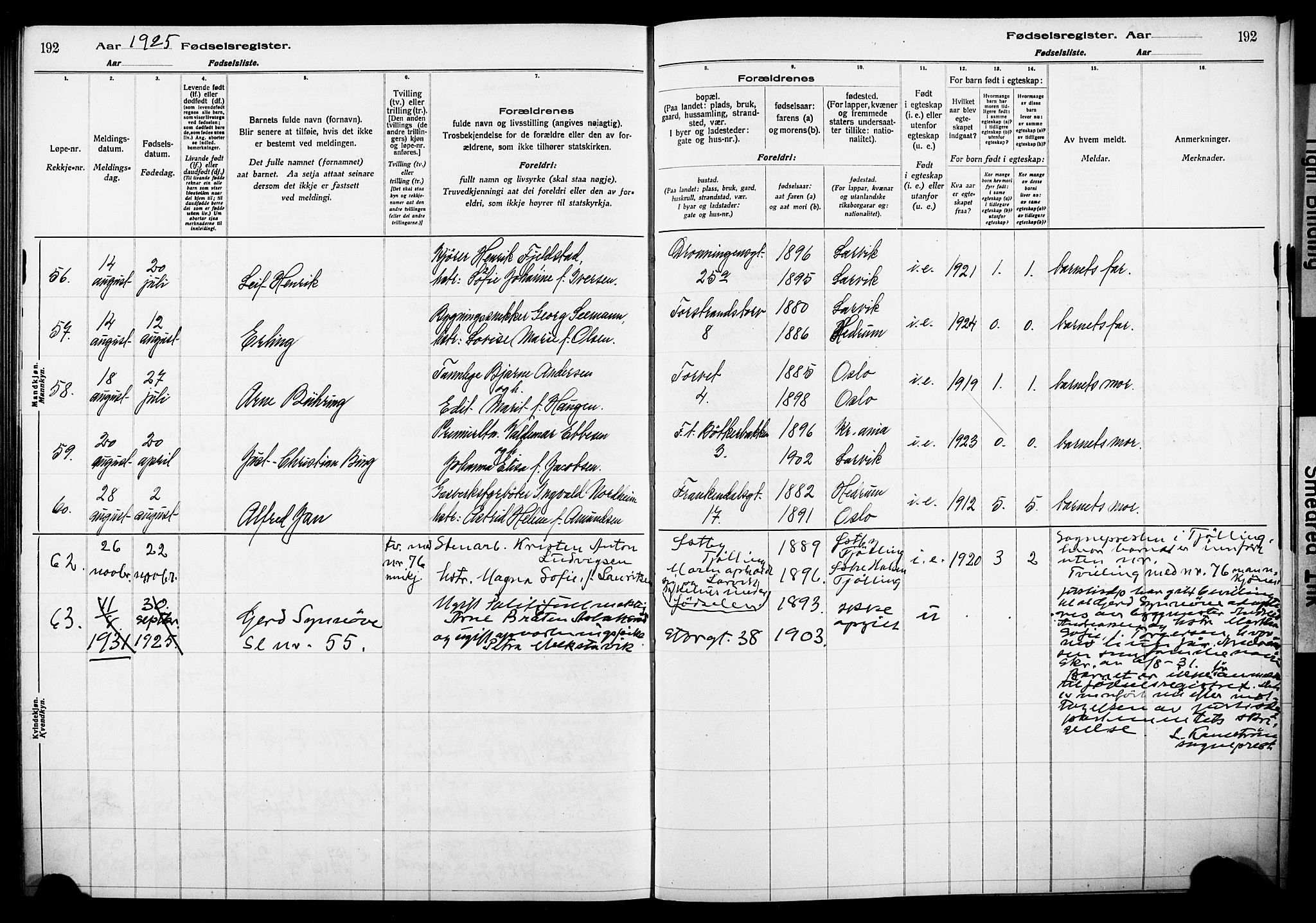 Larvik kirkebøker, AV/SAKO-A-352/J/Ja/L0001: Fødselsregister nr. I 1, 1916-1926, s. 192