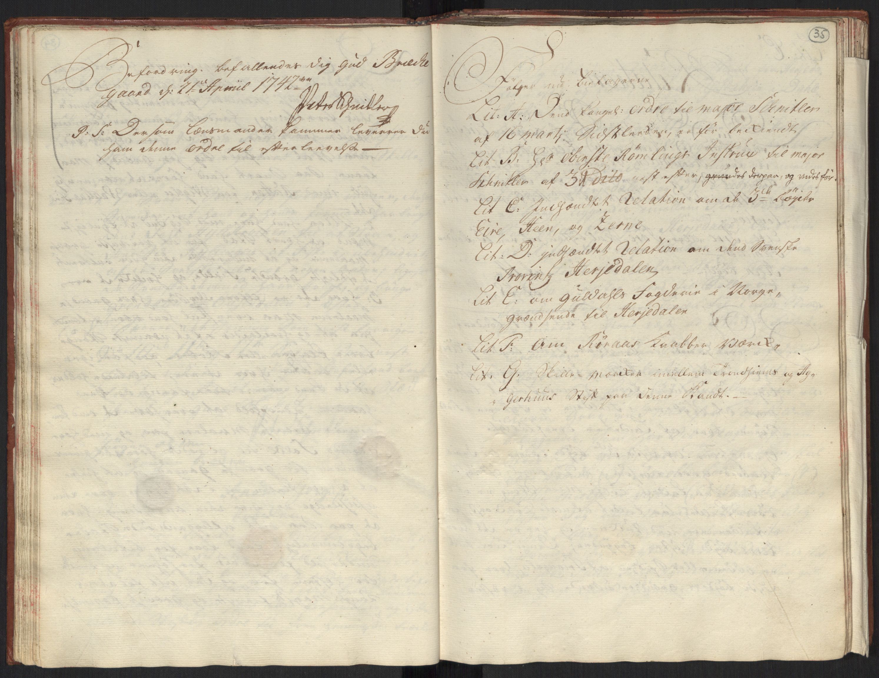 Danske Kanselli, Grensearkivet, AV/RA-EA-4062/F/L0010/0002: Volum XX-XXII / Vol. XXI: Major Schnitlers grenseeksaminasjonsprotokoll, 1. bind, 1742, s. 34b-35a