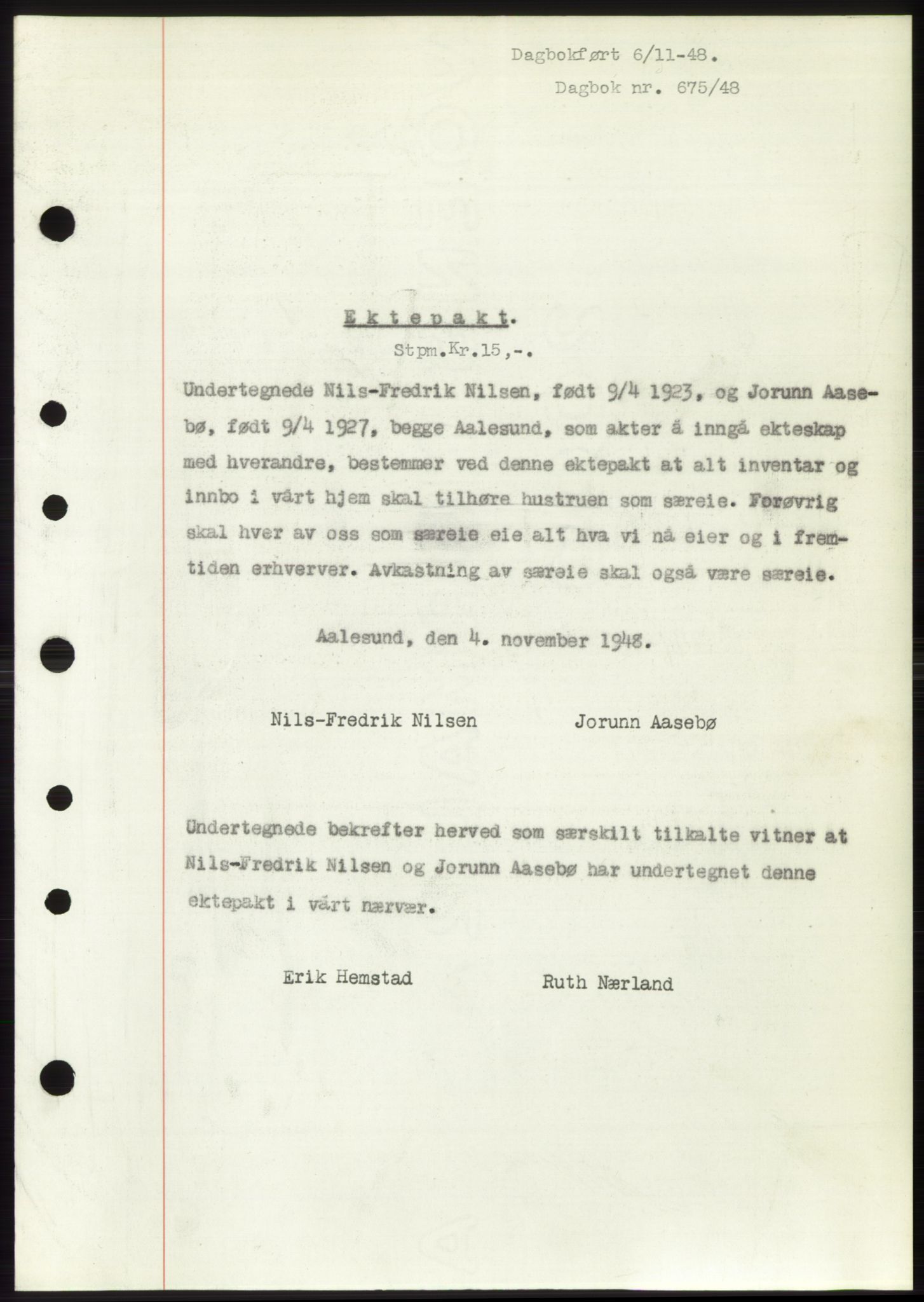 Ålesund byfogd, SAT/A-4384: Pantebok nr. B36-38, 1948-1950, Dagboknr: 675/1948